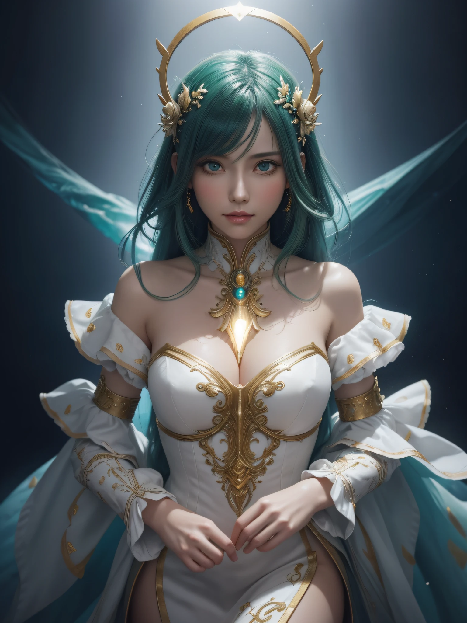 hightquality、8K、Ulutra HD、fullllbody、1 　Beauty woman、Gentle smile、Rich facial expressions、white dress、beauty legs、randome pose、Golden hair、Her eyes are emerald green、spotlight on face、mechanical stage costumes、(The background is Alien City、Sci-Fi Isekai)、rays of moonlight、cute little、Beautiful fece、portlate、art by:Alberto Seveso、Abstract art style、Complex and intricate watercolor painting 、digitial painting、concept-art、Volumetric lighting、TanvirTamim、metal reflective、2d render、Art Germ、Trending on ArtStation