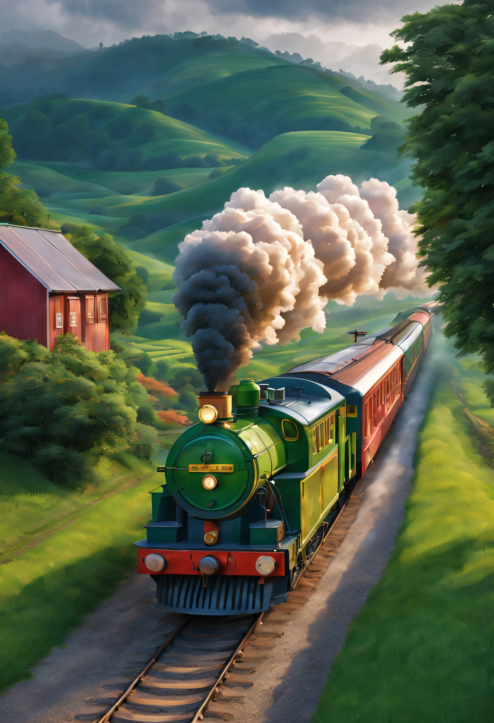 A colorful train is passing through the rural fields after the rain, with unique patterns and artworks adorning the carriages. The small raindrops create ripples on the train's body, and the gentle colors and flowing lines outline a creative scene, providing a visually pleasing experience. (best quality,4k,8k,highres,masterpiece:1.2),ultra-detailed,(realistic,photorealistic,photo-realistic:1.37),illustration,creative,rural landscape,vivid colors,unique patterns,after the rain,tranquil atmosphere,flowing lines,lively artwork,refreshing colors,lush green fields,beautiful reflections,peaceful surroundings,scenic view,embellished train carriages.