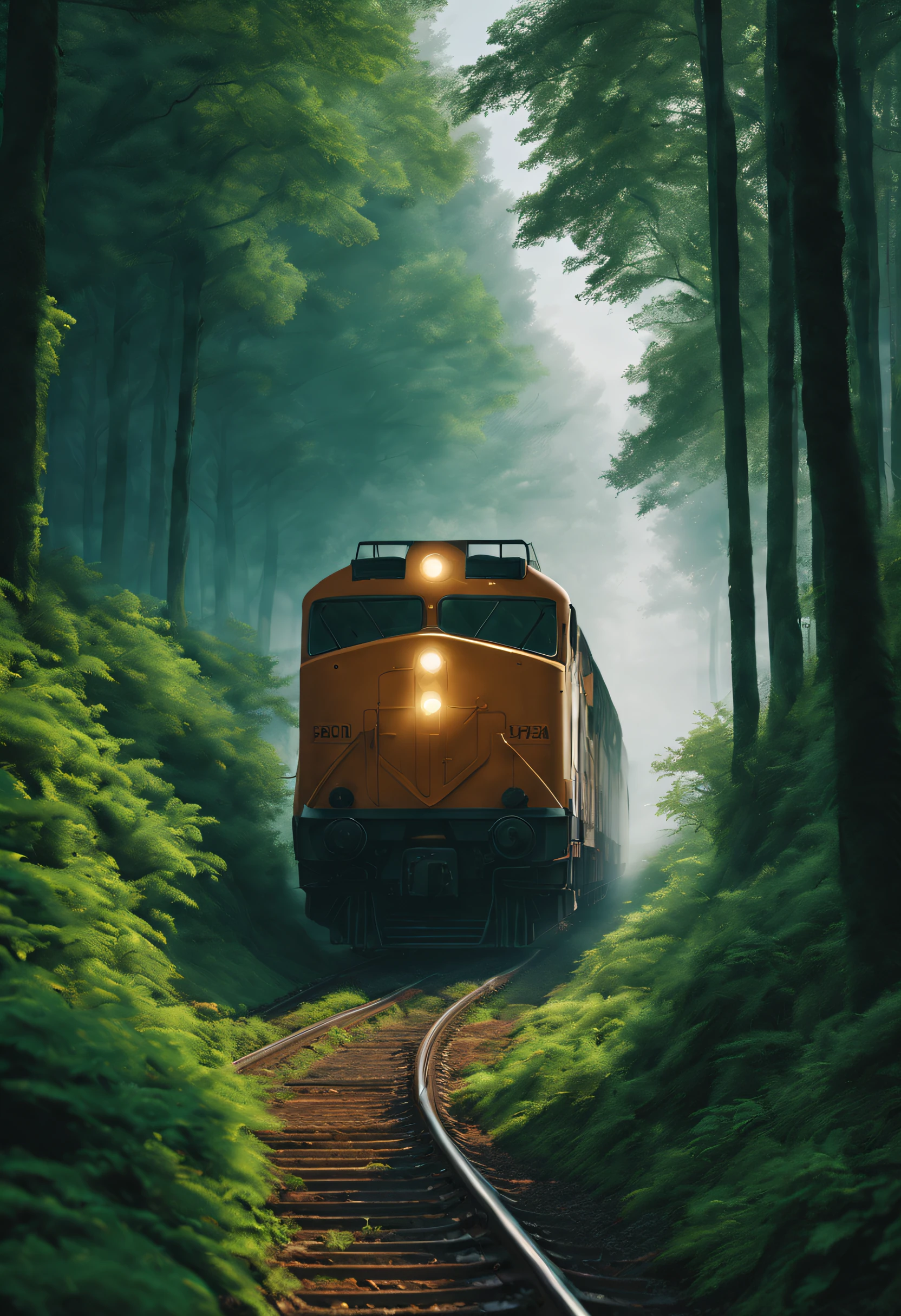 A train coming from afar through the gaps of the forest trees. The composition of the scene is unique, capturing the powerful momentum of the train from a low angle perspective. The lush green trees and the morning mist in the background create a beautiful atmospheric setting, immersing the viewer in the scene. [illustration], [low angle perspective], [captivating composition], [lush green trees], [morning mist], (best quality, 4k, highres, realistic), [vivid colors], [captivating atmosphere], [powerful momentum].