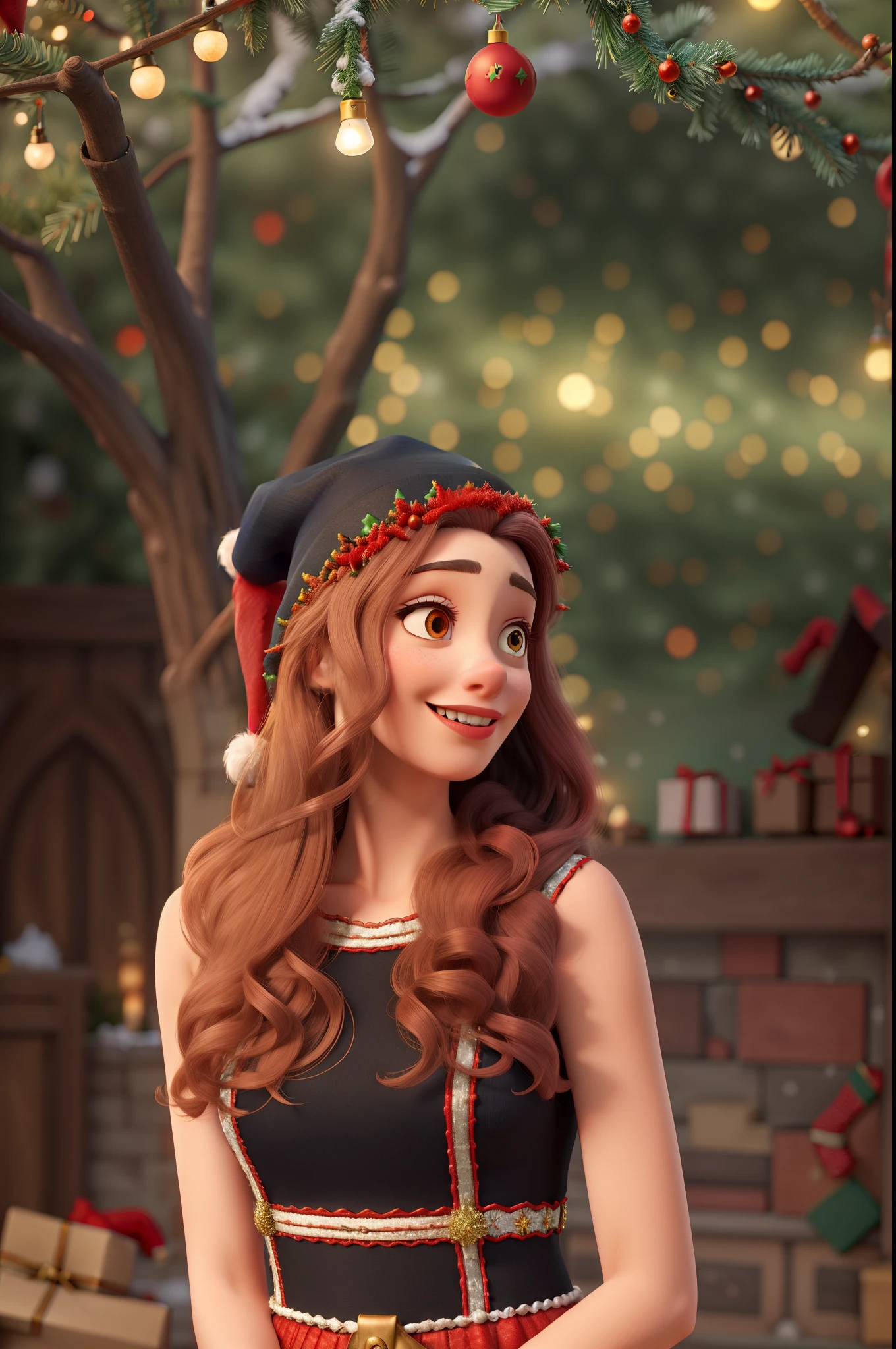 arafed woman with long hair and a black and white dress,HD, (best details), (best quality), disney style, happy, masterpiece, best quality, high resolution, christmas, lights, snow, young people, (((red Christmas hat))) Christmas decoration