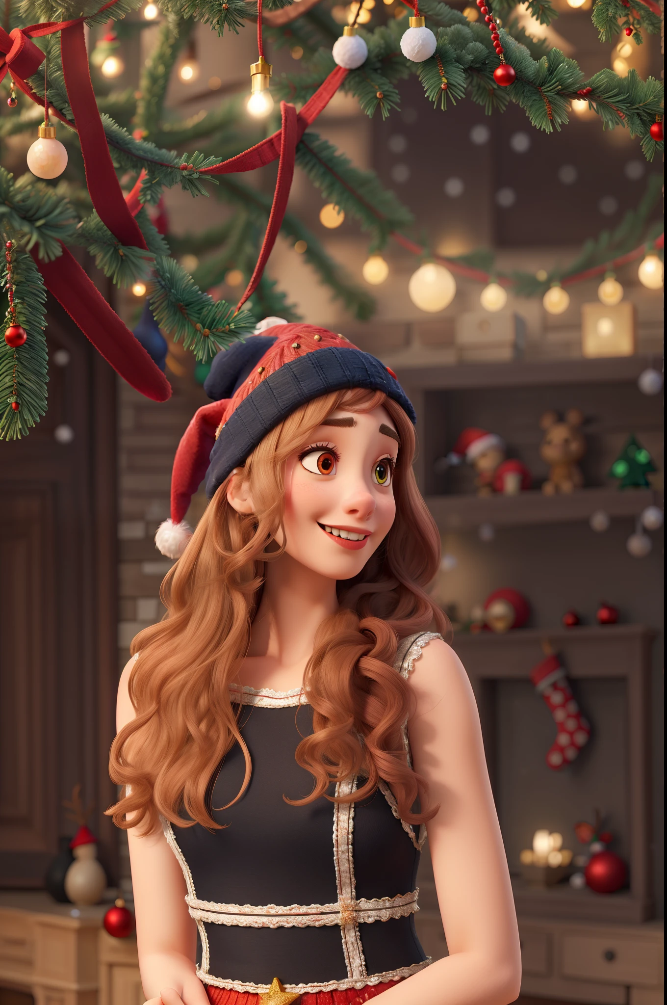 arafed woman with long hair and a black and white dress,HD, (best details), (best quality), disney style, happy, masterpiece, best quality, high resolution, christmas, lights, snow, young people, (((red Christmas hat))) Christmas decoration