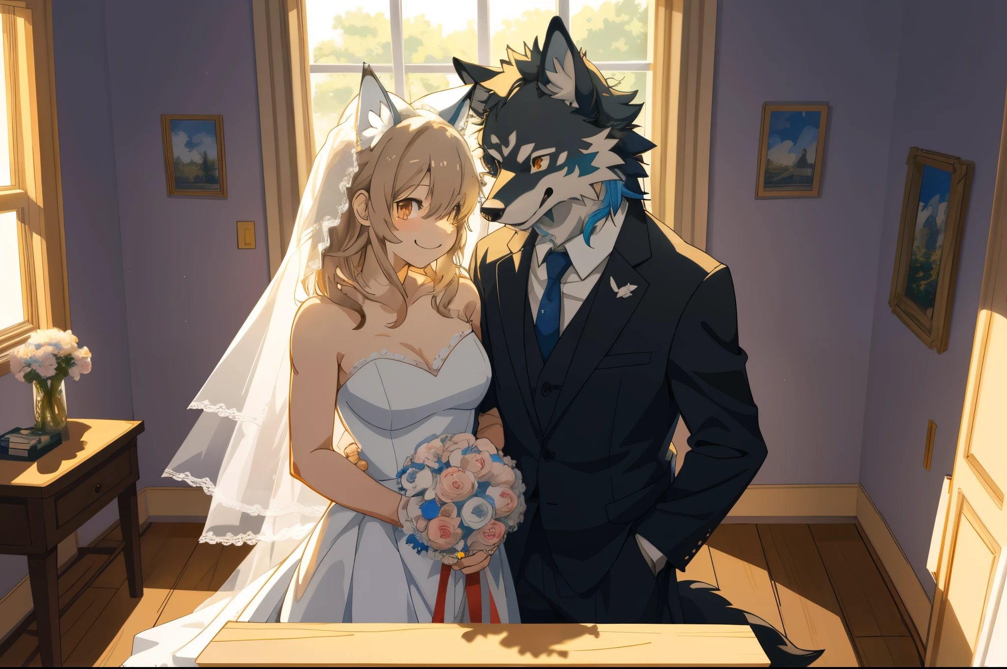 cover page, anime key visual, highres, top quality, best quality, paid reward available, High-quality illustrations, unparalleled masterpiece, perfect artwork, absurdres(home video, 1girl, husband of wolf)Newlywed, family, in house, in room, smile, happy, perfect anatomy, fan-created work shared on platforms Pixiv or Twitter, cinematic lighting,