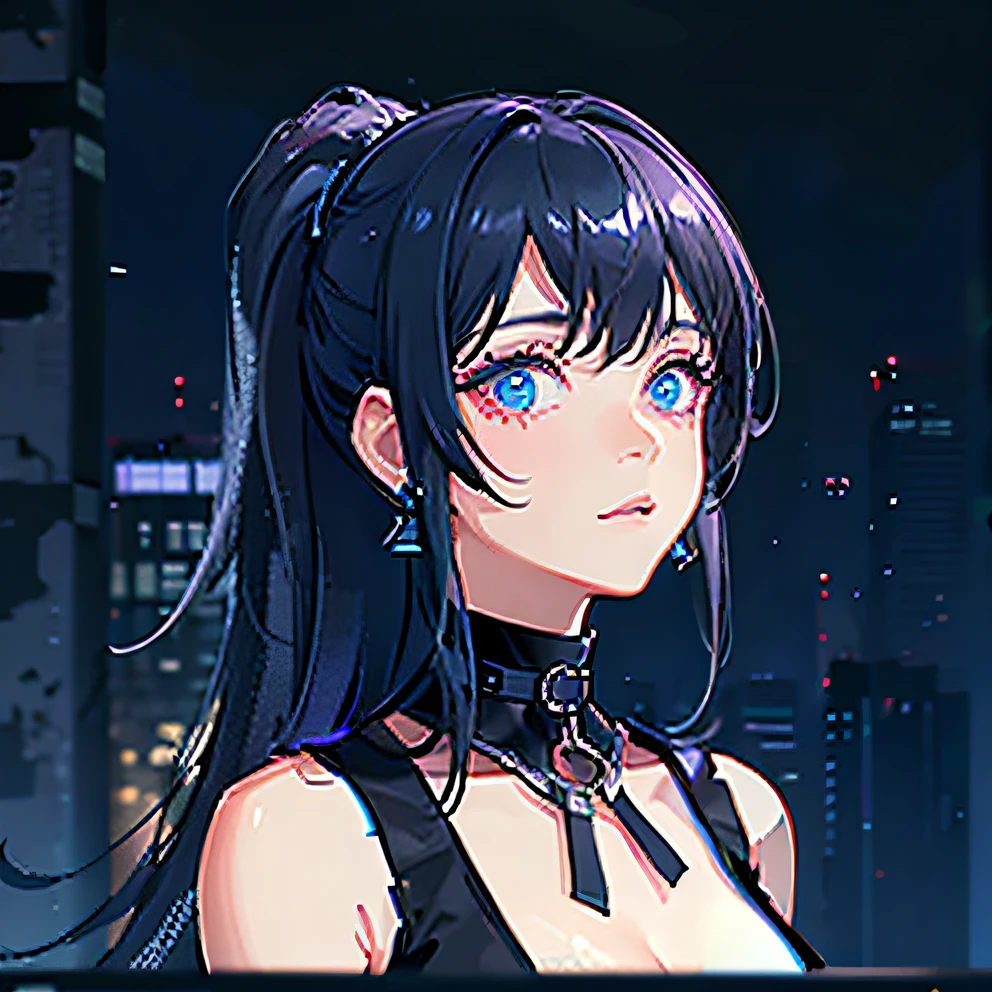 hugefilesizebestquality,highlydetailed,masterpiece,ultra-detailed,extremelydetailedCGunity8kwallpaper,Solo, upper body only, one girl,fashi-girl, long hair, ponytail, black hair, black suspender, gray coat, black collar, metal jewelry, ring earrings, blue eyes, night, neon lights, city, blurred background,