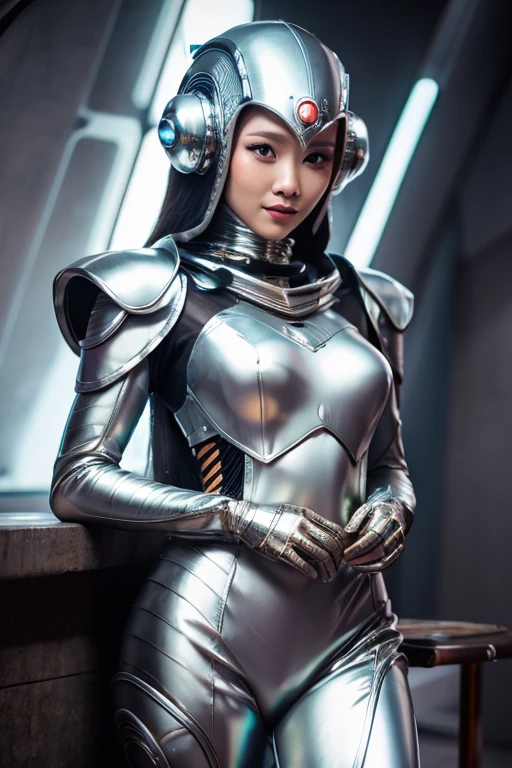 indonesian woman wearing vintage sci fi suit, silver metallic, alien head