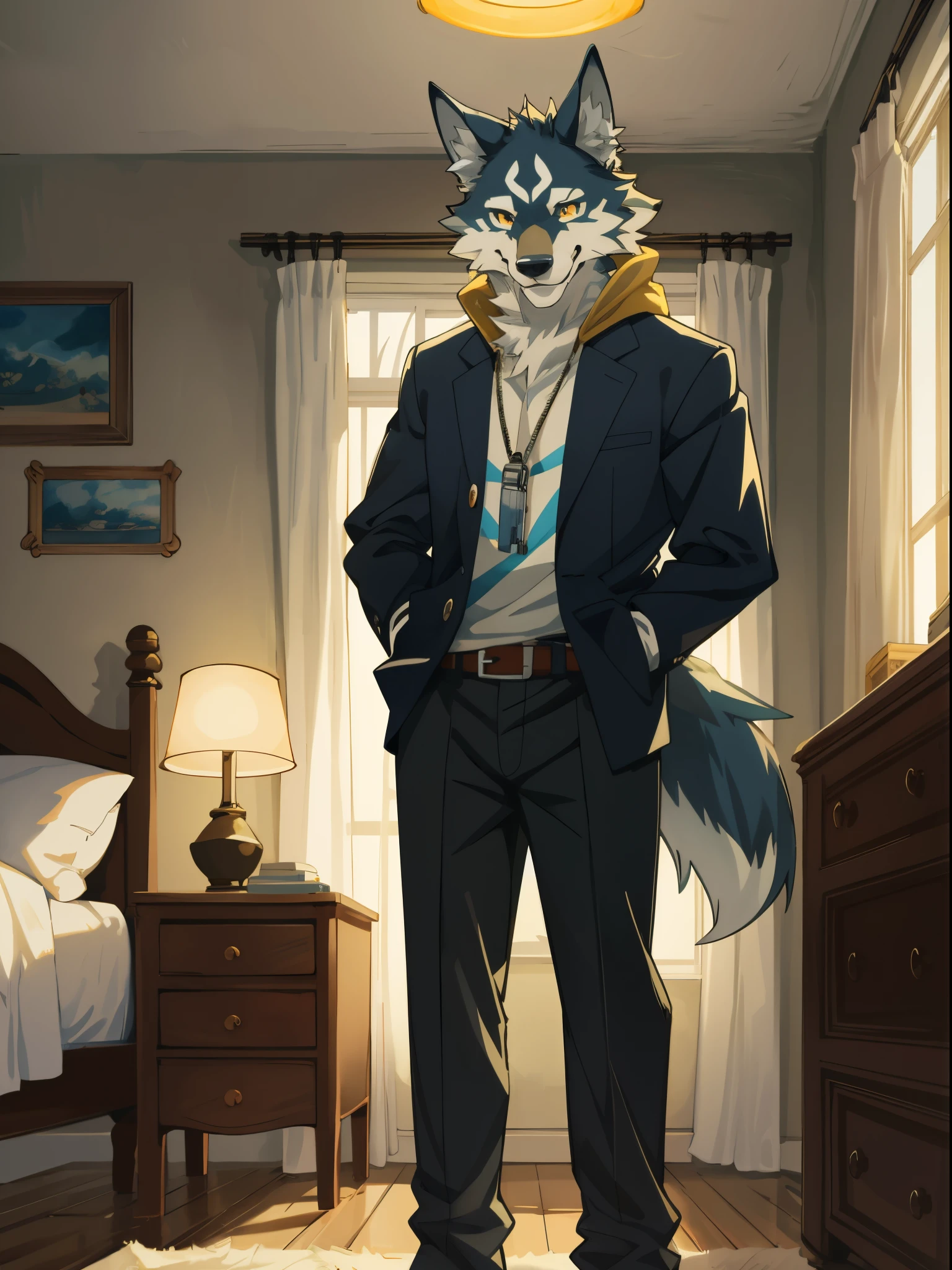 cover page, anime key visual, highres, top quality, best quality, paid reward available, High-quality illustrations, unparalleled masterpiece, perfect artwork, absurdres(home video,  joyful wife, wolf husband)in house, in room, smile, happy, perfect anatomy, fan-created work shared on platforms Pixiv or Twitter, cinematic lighting,