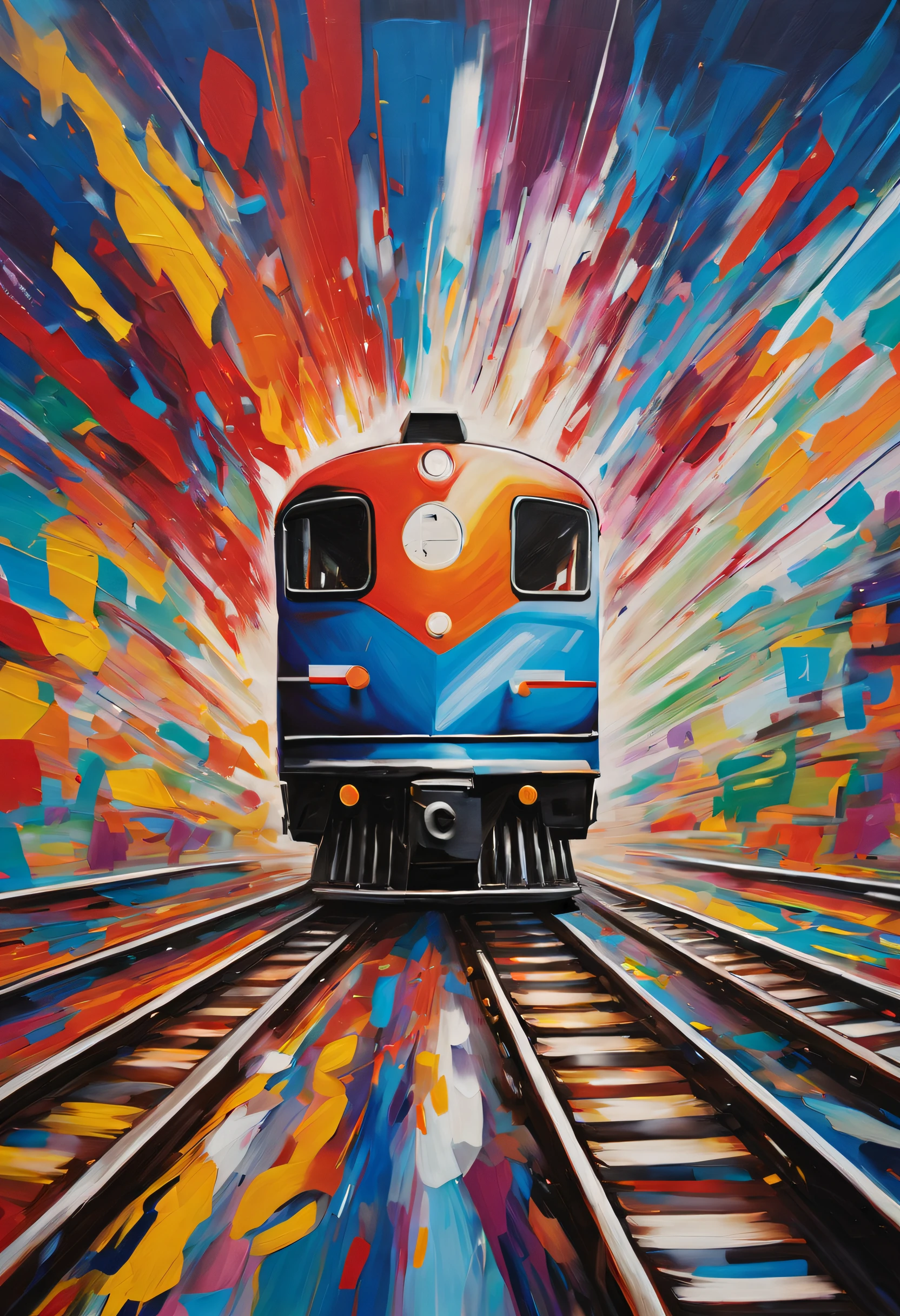 (best quality,4k,8k,highres,masterpiece:1.2),ultra-detailed,abstract painting of a train,colorful lines intersecting,imaginative and creative,unique artwork experience,vivid colors,sharp focus,painting on canvas,artistic brilliance,abstract expressionism,modern art,dynamic composition,intricate details,striking visual effect,visually captivating,colorful brushstrokes,fluid lines,expressive form,creative interpretation,emphasized movement,unconventional perspective,bold use of color,contrast in tones,harmonious chaos,fascinating patterns,abstracted train,artistic interpretation of a train,art on canvas,brilliant and vibrant palette,innovative artistic approach,textured surface,playful brushwork,lively energy,experimental artistic style,art inspired by railway,vibrant abstract composition,distinctive visual impact.