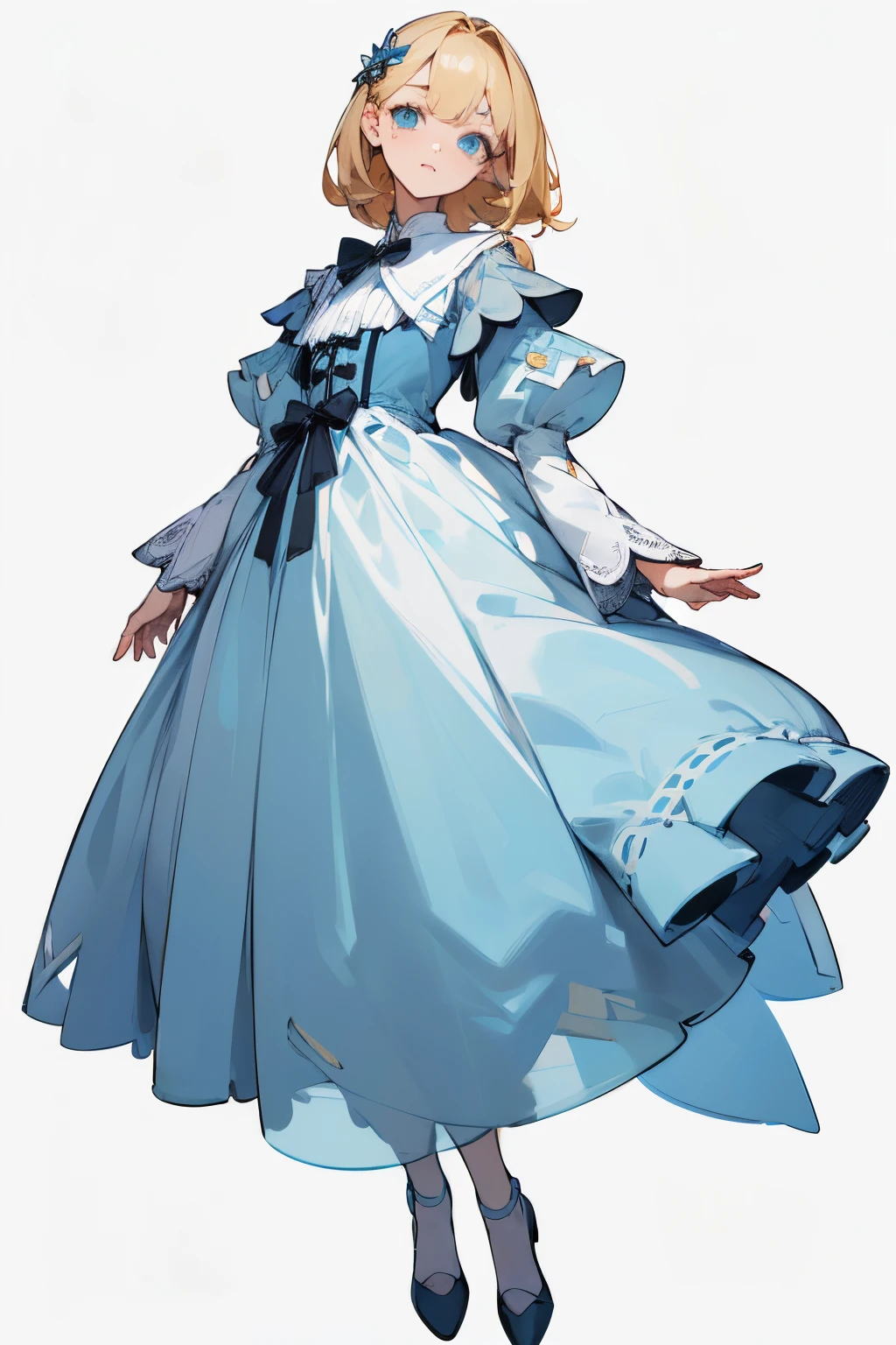 matching outfit, ((Best Quality)), ((Masterpiece)), (Character full body), (((best quality, high quality))), ((((UHD, highres))), (concept art), It&#39;s like a cartoon in Japan, 1 character, standing full-body, Clear facial features，Simple line design，Transparent background，(tmasterpiece，top Quority，best qualtiy, Clear facial features，beautidful eyes，beauitful face), beautiful, (((simple detailed))) (((white background))) 6 and a half heads full body, ((no light))), random hairstyle, blonde haircolor, light blue eyescolor, random dress,