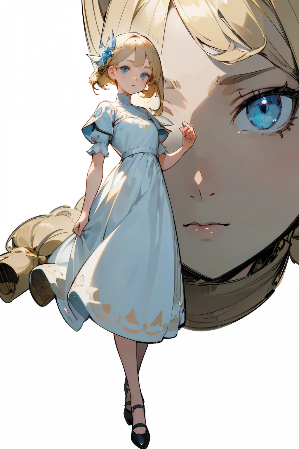 matching outfit, ((Best Quality)), ((Masterpiece)), (Character full body), (((best quality, high quality))), ((((UHD, highres))), (concept art), It's like a cartoon in Japan, 1 character, standing full-body, Clear facial features,Simple line design,Transparent background,(tmasterpiece,top Quority,best qualtiy, Clear facial features,beautidful eyes,beauitful face), beautiful, (((simple detailed))) (((white background))) 6 and a half heads full body, ((no light))), random hairstyle, blonde haircolor, light blue eyescolor, random dress,