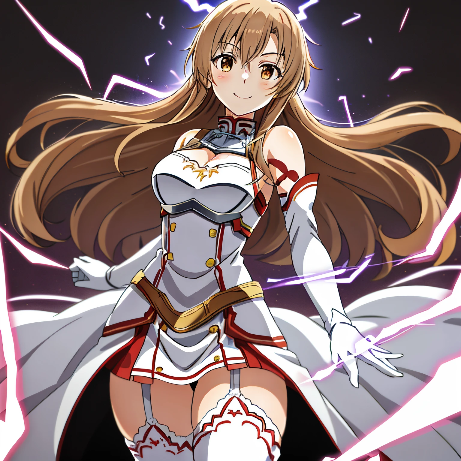 masuter piece, Best Quality, 超A high resolution, top-quality, Anime style, The best lighting, Beautiful face, Asuna Yuki, perfect anatomia, ultra-detailliert, 1girl in, Solo, breasts, athletic bodies, Good hands, Long hair, medium breasts, Looking at Viewer, Bangs, Brown hair, thighs thighs thighs thighs, gloves, Dress, cleavage, Bare shoulders, Brown eyes, Very long hair, cross one's legs, White Gloves, White Dress, white breastplate armor, white thighhig, garter strap, White armor, Face Focus, beautiful smiling face, Having a rapier, (white flash effect:1.3)