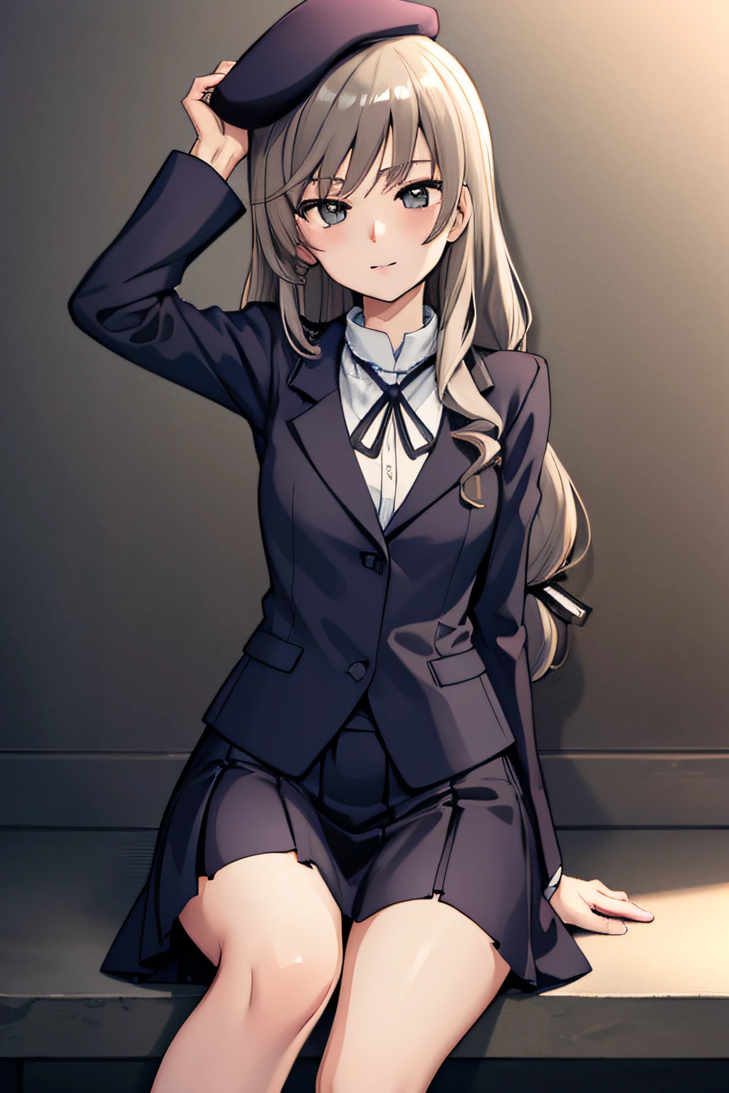 (masterpiece), (best quality),shimada_chiyo,long hair,bang hair,from front,(looking at viewer),school uniform,beret
