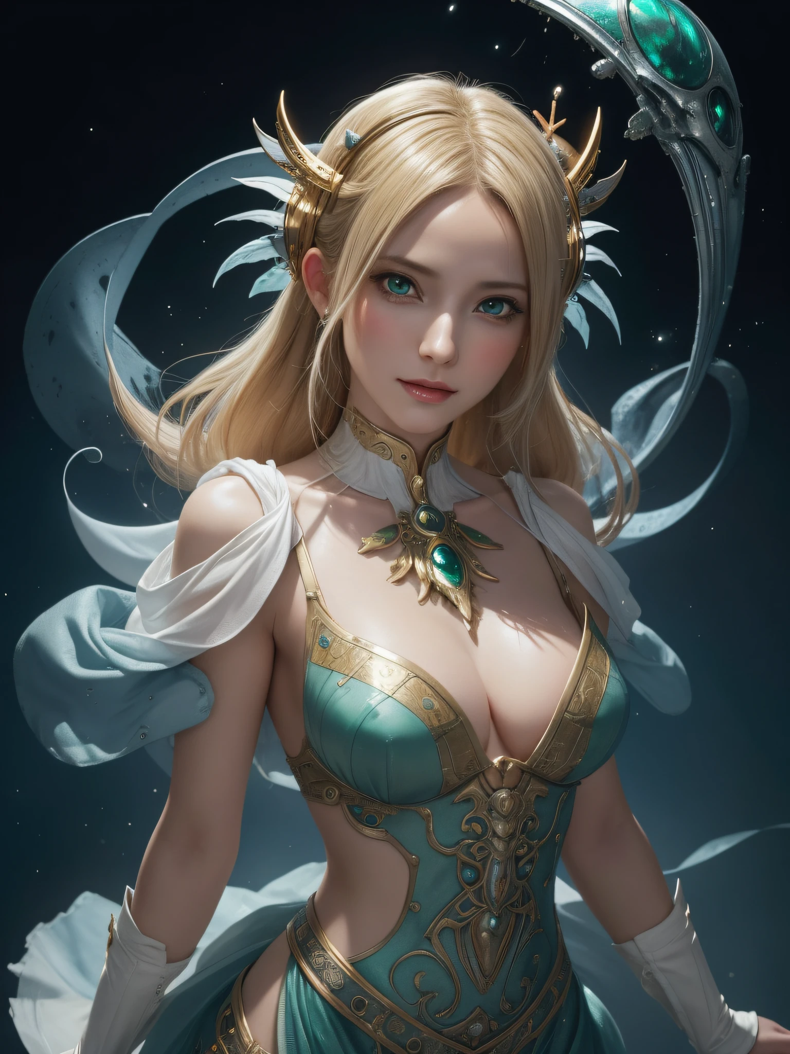 hightquality、8K、Ulutra HD、fullllbody、1 Beauty woman、Gentle smile、Rich facial expressions、white dress、beauty legs、randome pose、Golden hair、Her eyes are emerald green、spotlight on face、mechanical stage costumes、(The background is Alien City、Sci-Fi Isekai)、rays of moonlight、cute little、Beautiful fece、portlate、art by:Alberto Seveso、Abstract art style、Complex and intricate watercolor painting 、digitial painting、concept-art、Volumetric lighting、TanvirTamim、metal reflective、2d render、Art Germ、Trending on ArtStation