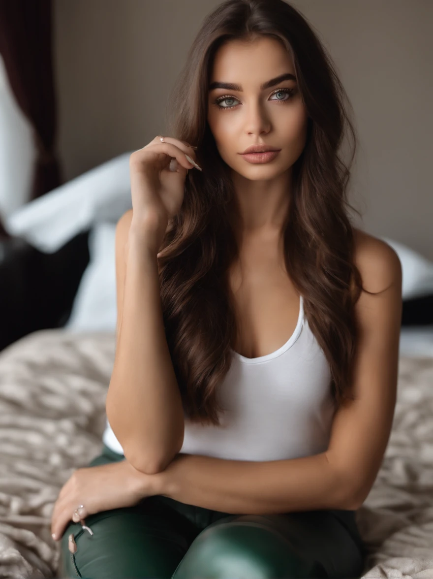 arafed woman with matching tank top and panties, sexy girl with brown eyes, portrait sophie mudd, brown hair and large eyes, selfie of a young woman, bedroom eyes, violet myers, without makeup, natural makeup, looking directly at the camera, face with artgram, subtle makeup, stunning full body shot, in bedroom, cleavage