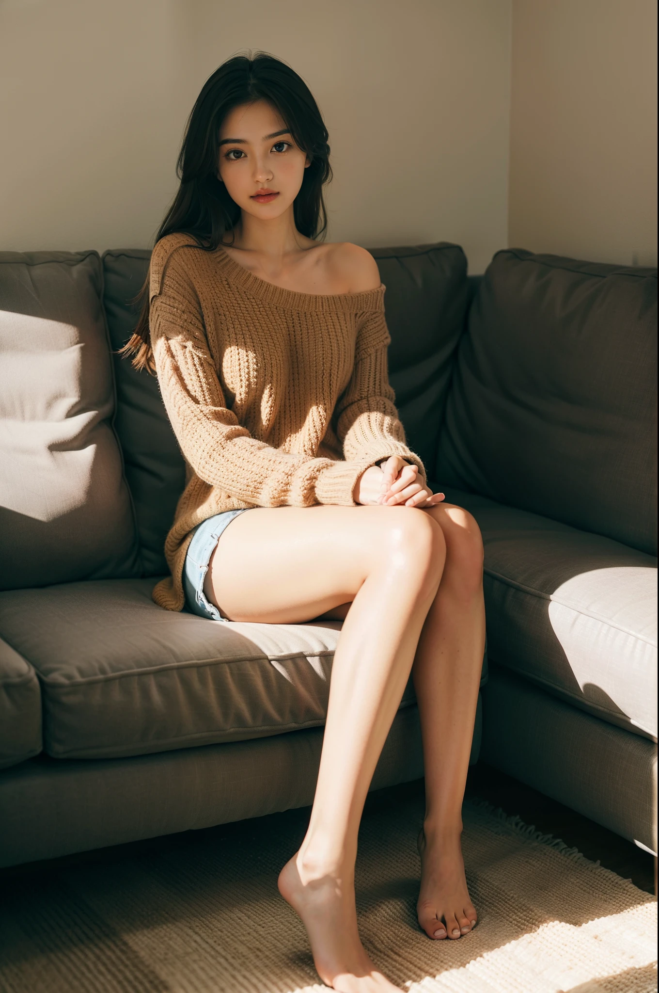 1girl,sitting on a cozy couch,crossing legs,soft light