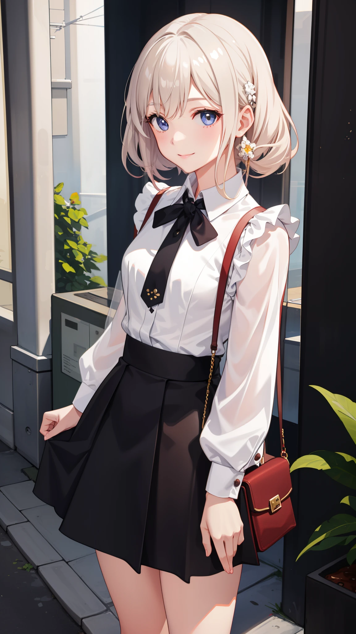 1girl in、imagem 4k、A smile、The shirt、Blouse、（paler）skirt by the、（small tits）Chilarism、movement、