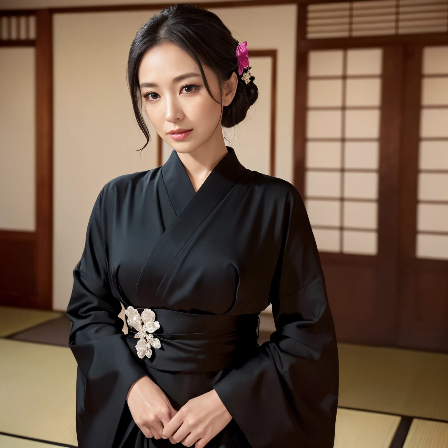 ((Best Quality, masutepiece, 超A high resolution、发光、Highly saturated、Bright and saturated、Vivid))、1人の女性、wearing black mourning clothes、([[Sad smile]]、sad Facial expression、saddened、Looks like you're about to cry、Look at viewers)、(black kimono mourning dress、Black mourning clothes、simple mourning clothes、Black sober mourning dress、Pearl Necklace、The Perfect Pearl Necklace、detailed pearl necklace、Graceful standing、standing elegantly)、Elegant kimono、Shot from the waist up、((Staring at me、Perfect gas chamber、look at me perfectly))、A detailed face、Perfect glossy lips、perfect anatomia、elegantly styled hair、natural make up、A detailed face、face perfect、Beautiful skin、The background is an elegant Japanese room、Lush hairline、large full breasts、wake、Funeral