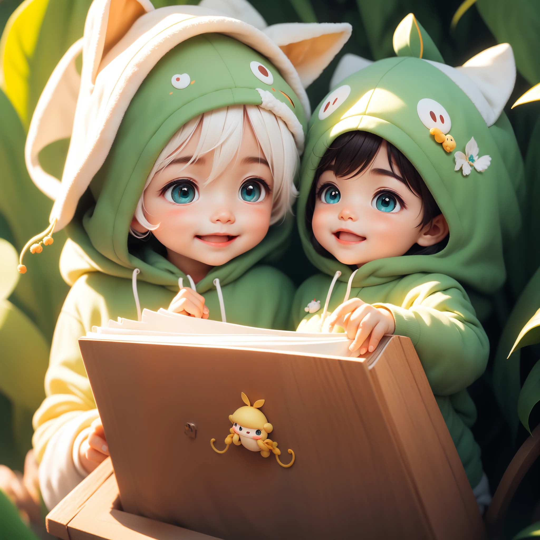 (tmasterpiece,Best quality at best)a cute little boy,Two-headed body。wear a lemon hat,The two tentacles on the head are not only a symbol of germination,It is also a representative of bees。The collar of the clothes is open like a book。The ears are leaf shaped,Holding a small shovel in hand。Travel through the jungle like an elf,The soles are made from curled leaves。Elaborate Eyes,Happy smile,clean backdrop,Delicate gloss,8K
