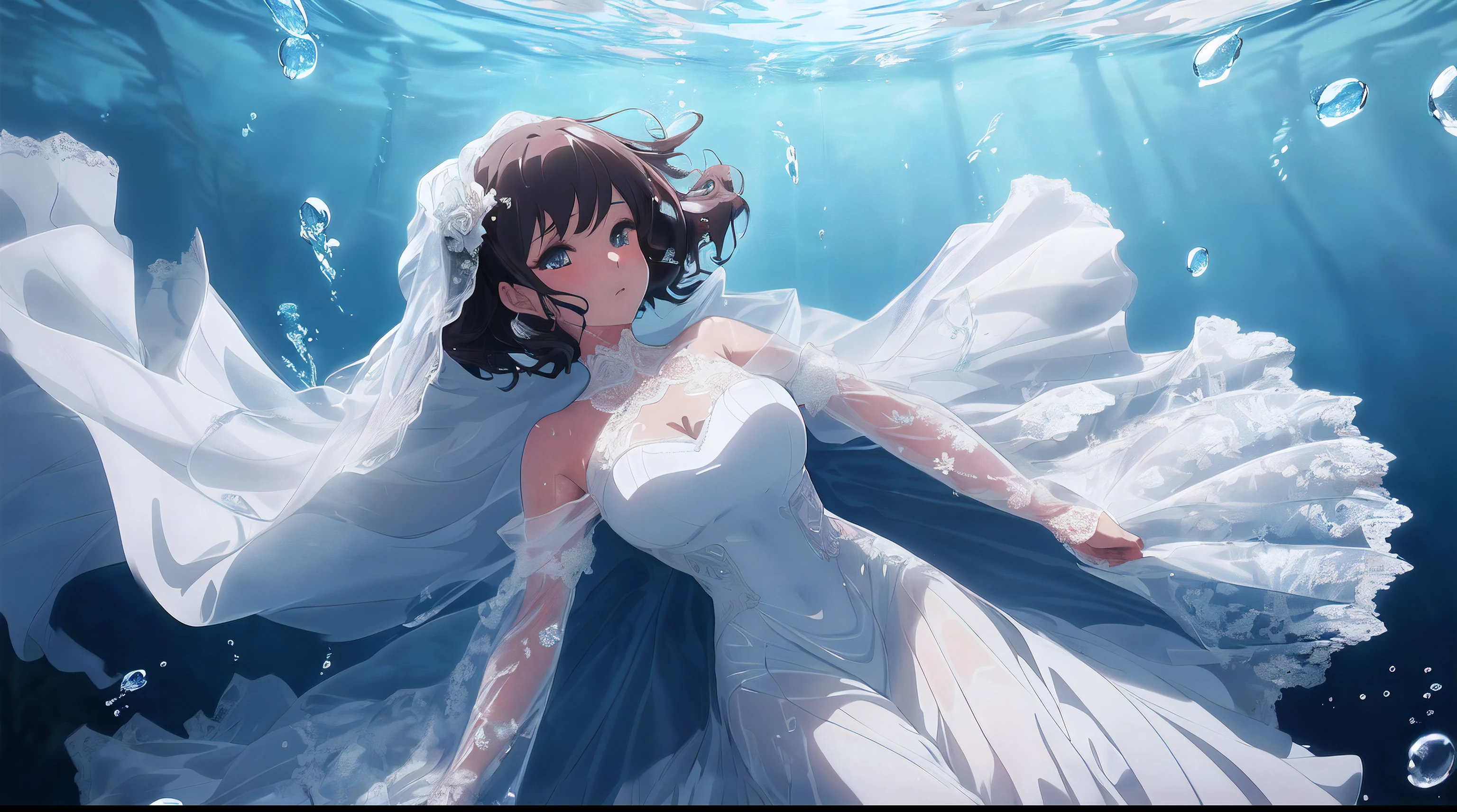 wallpaper anime blue water, beautiful fantasy anime, closeup fantasy with water magic, high definition anime art, Beautiful anime artwork, A beautiful artwork illustration, Beautiful anime art, Anime fantasy artwork, hd anime wallaper, ultra hd anime wallpaper, Anime art wallpaper 4 K, Anime art wallpaper 4k, hd anime wallpaper,(from above, panorama, perspective),((best quality)), ((masterpiece)), (detailed),(dynamic perspective),2 girls (kissing) in (((wet clothes)),(deep kiss:1.2),(wet),(wet body),patient expression,transparent,[dress],((((wet translucent beauty white dress with detailed Lace pattern, very long dress, very large dress, very large sleeve, very large silk white cloak))), best frills, best wrinkles), best shadow, ((underwater photography, floating under water, underwater photo, in water,deep water, floating drowning)), ((2girl in white wedding dress)),yuri,(drowning,sinking),many water bubbles,(masturbation,clothed_masturbation), 8k resolution