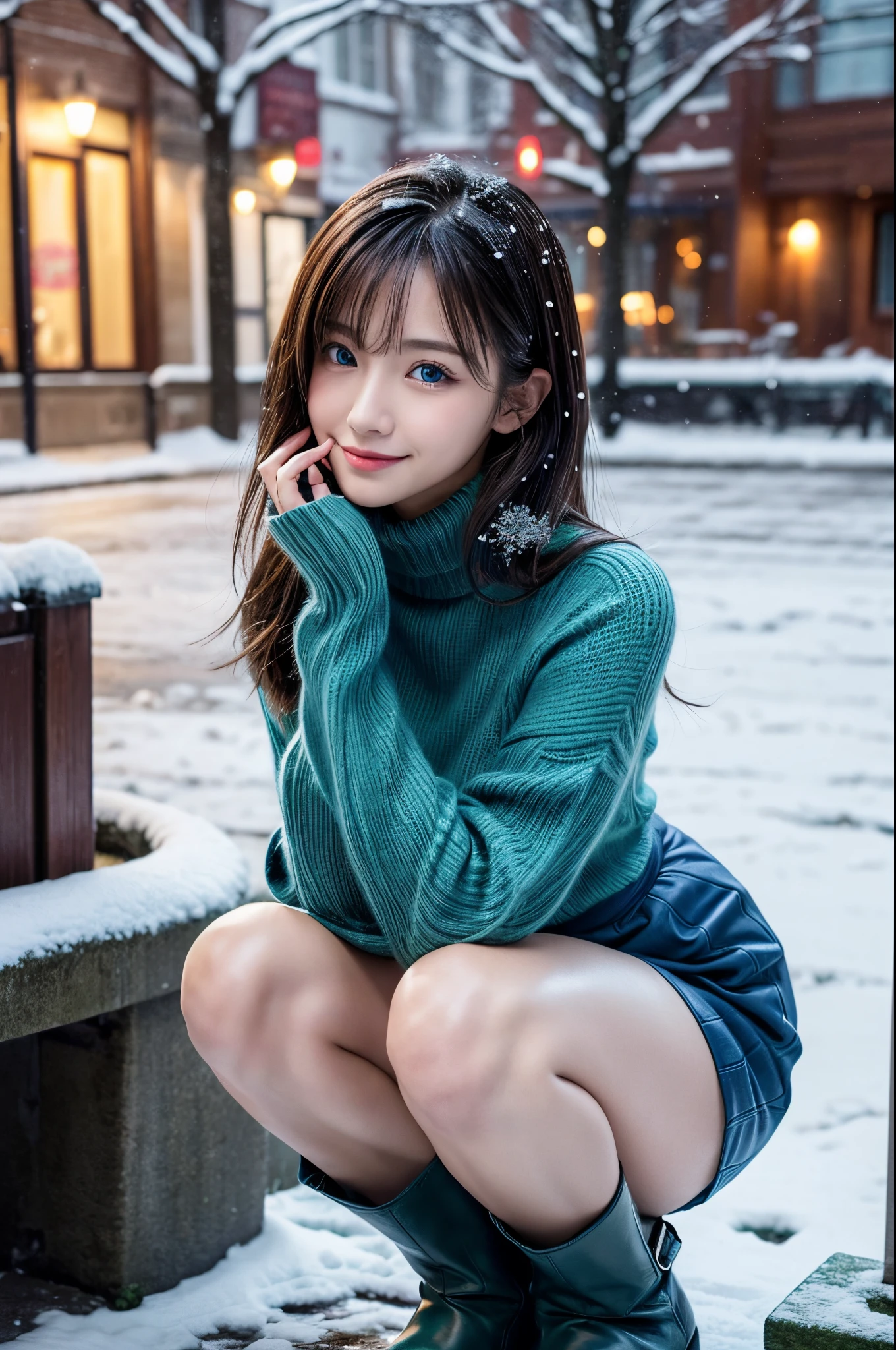 (masutepiece:1.3, Photorealsitic:1.4, 8K), top-quality, ​masterpiece, 超A high resolution, Perfect dynamic composition, Highly detailed skin and facial texture:1.3, A detailed eye, Detailed limbs, It's snowing:1.2, Snowy landscape at night:1.2, 1girl in, Cute sexy 22 year old slim woman, Fair skin, tilt the neck, ((voluptuous breasts:0.9)), ((A smile:0.9, Totally captivates you:0.9)), (A blue coat over a yellow-green long-sleeved turtleneck sweater:1.17, High waist mini skirt:1.1), Short boots, (Facing the front, Squat with your knees bent), (Beautiful blue eyes, Eyes that feel beautiful eros:0.85), Sexy face:0.4, (A mouthfeel that feels beautiful eros:0.85), ((Too cute:0.9))