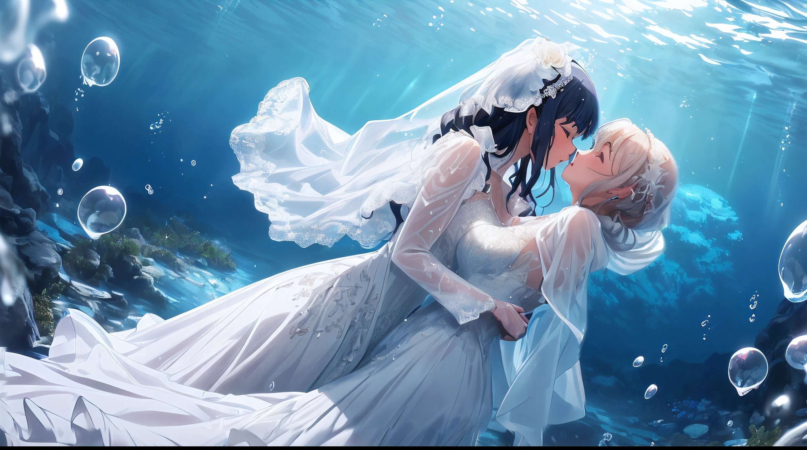 wallpaper anime blue water, beautiful fantasy anime, closeup fantasy with water magic, high definition anime art, Beautiful anime artwork, A beautiful artwork illustration, Beautiful anime art, Anime fantasy artwork, hd anime wallaper, ultra hd anime wallpaper, Anime art wallpaper 4 K, Anime art wallpaper 4k, hd anime wallpaper,(from above, panorama, perspective),((best quality)), ((masterpiece)), (detailed),(dynamic perspective),2 girls (kissing) in (((wet clothes)),(deep kiss:1.2),(wet),(wet body),patient expression,transparent,[dress],((((wet translucent beauty white dress with detailed Lace pattern, very long dress, very large dress, very large sleeve, very large silk white cloak))), best frills, best wrinkles), best shadow, ((underwater photography, floating under water, underwater photo, in water,deep water, floating drowning)), ((2girl in white wedding dress)),yuri,(drowning,sinking),many water bubbles,(masturbation,clothed_masturbation), 8k resolution