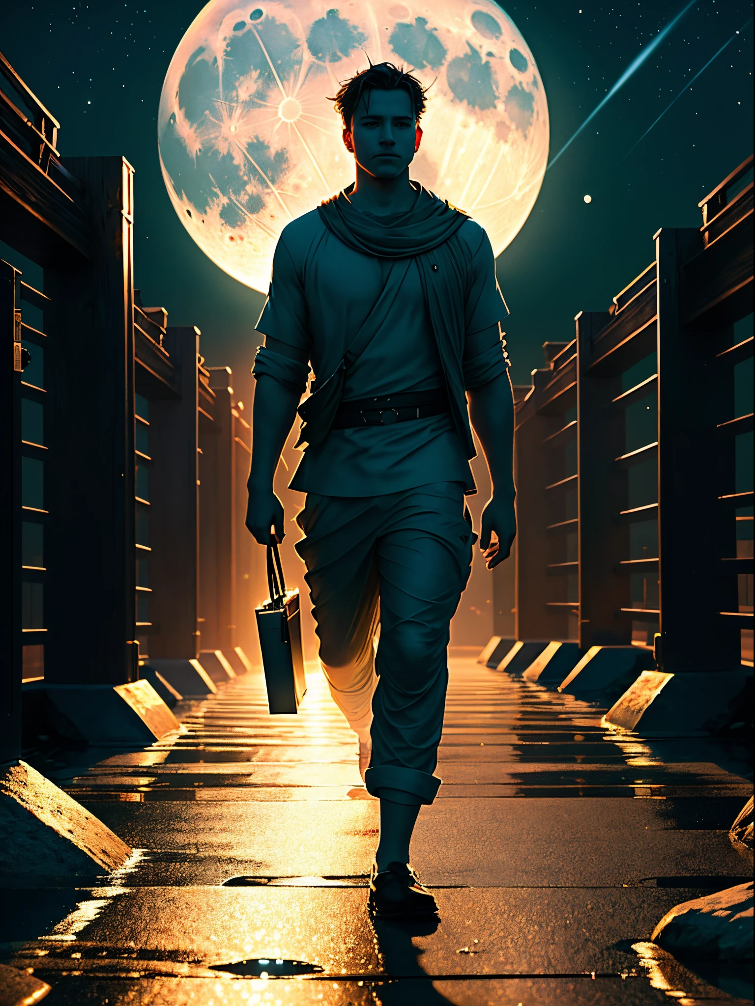 /imaginePicture a serene night at 9 PM, with a man named Tom stepping out for a peaceful walk under the soft glow of the moon.hyper-realistic,8k,ultra HD,Pixar style, Disney style,cinema 4d,--ar3:2