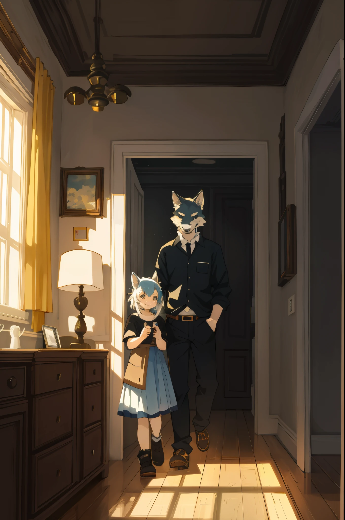 cover page, anime key visual, highres, top quality, best quality, paid reward available, High-quality illustrations, unparalleled masterpiece, perfect artwork, absurdres(home video, 1girl, husband of wolf)family, in house, in room, smile, happy, perfect anatomy, fan-created work shared on platforms Pixiv or Twitter, cinematic lighting,