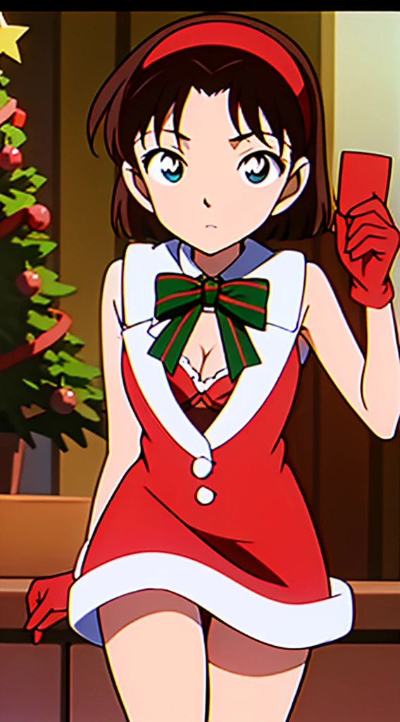 masterpiece, best quality, 1 solo girl, black hair, blue eyes, short hair, wavy hair, Christmas ornaments, medium breasts, mature body and face, red christmas dress, christmas, christmas light, christmas tree, red gloves, red santa skirt, holding gift, red bra, red panty, leg up, cowboy shots, sexy pose, dakimakura, detailed body, face, and eyes, sharp focus, vibrant, creative, dynamic, high definition, high resolution, 8k, (Upscale: R-ESRGAN 4x+ Anime6B), (Image enchance:4x), voluptuous body, hairband