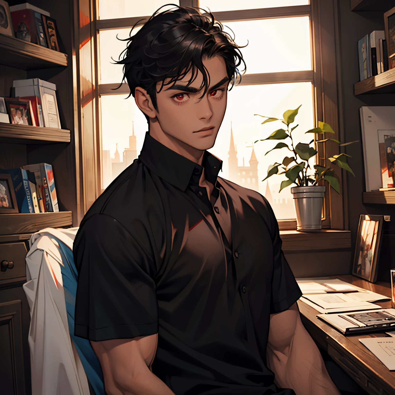 1boy, best quality, detailed face, detailed eyes, dark-skinned male, black hair, medium hair, red eyes, serious, black shirt, short sleeves, muscular male, indoors