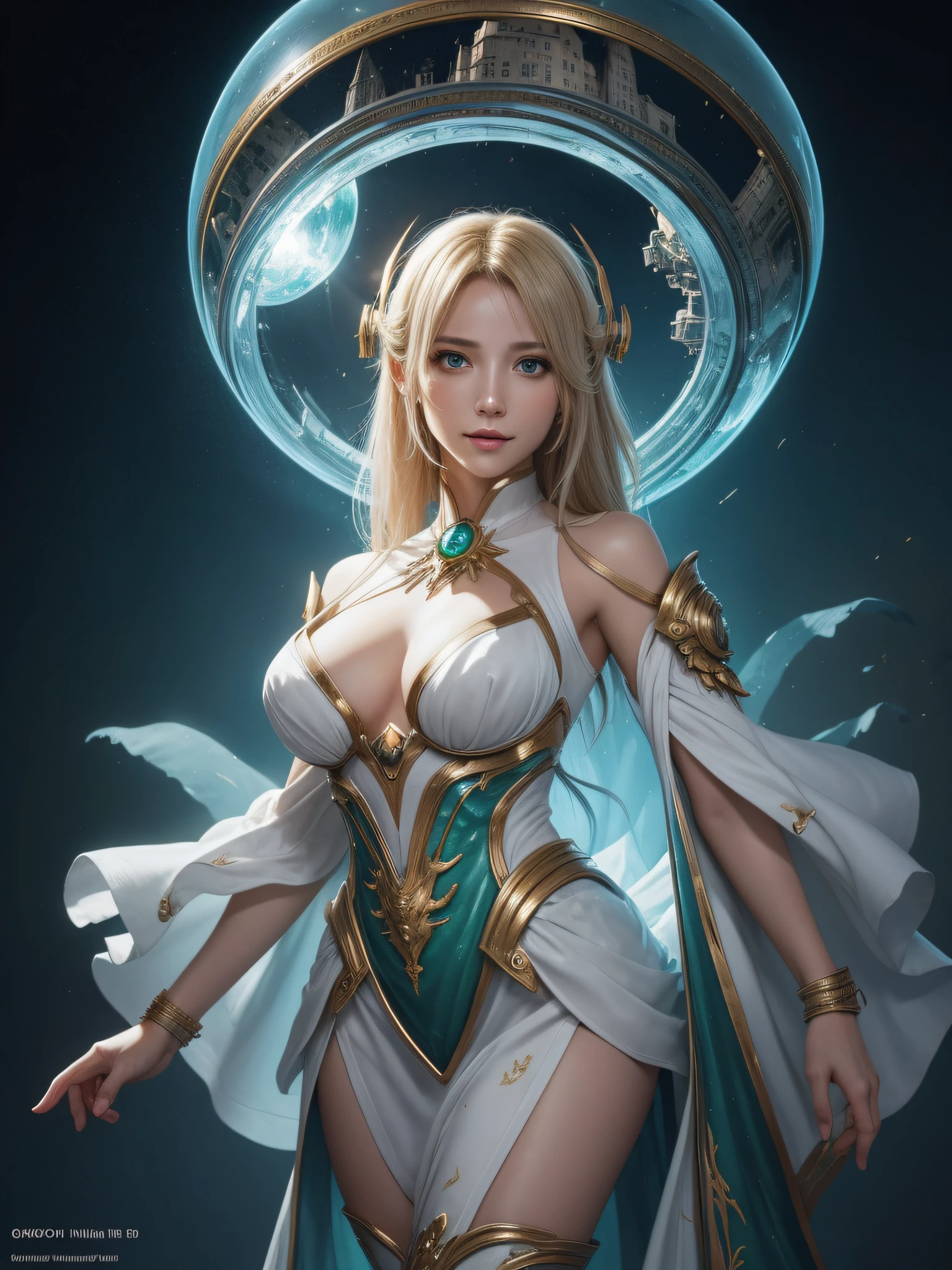 hightquality、8K、Ulutra HD、fullllbody、1 Beauty woman、Gentle smile、Rich facial expressions、white dress、beauty legs、randome pose、Golden hair、Her eyes are emerald green、spotlight on face、mechanical stage costumes、(The background is Alien City、Sci-Fi Isekai)、rays of moonlight、cute little、Beautiful fece、portlate、art by:Alberto Seveso、Abstract art style、Complex and intricate watercolor painting 、digitial painting、concept-art、Volumetric lighting、TanvirTamim、metal reflective、2d render、Art Germ、Trending on ArtStation
