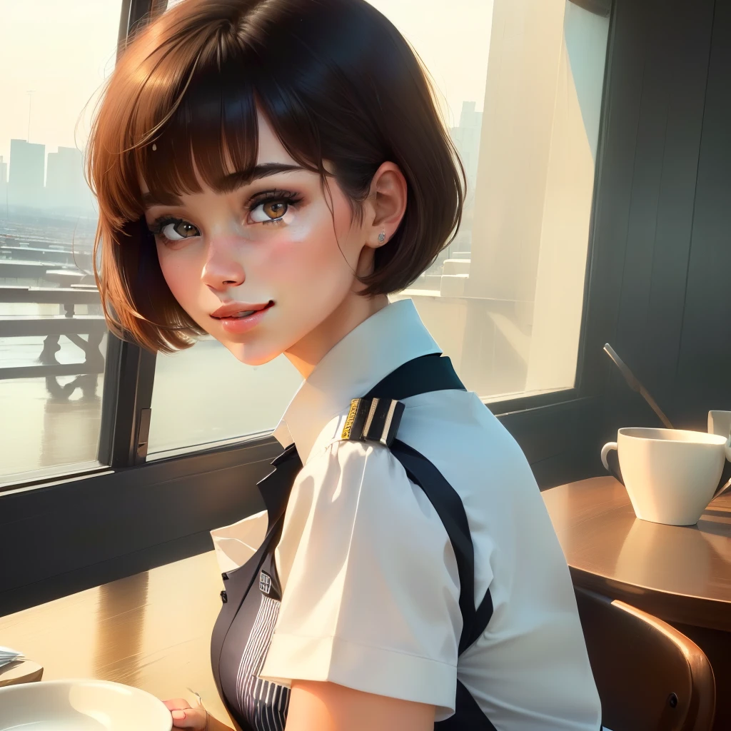 (Top Quality, 8k, Masterpiece: 1.3)), Sharp Focus, 1 Girl, Slim Beauty: 1.2, Brown Hair, With Bangs, (Short Hair with Layer Cut), (Big: 1.5), Detailed Eyes, Beautiful Eyes with Slit Length, Double Eyelids, (Cat Face), (Cute Face), Cute Smile, (Close Mouth), (Cute), Soft Skin, Reflecting the whole body, Ultra Realistic, Ultra Detailed, High Quality, ( A beautiful short-haired waitress who comes to the table to ask for orders), ((Detailed very cute waitress uniform)), ((Big that can be seen even from the top of the uniform))