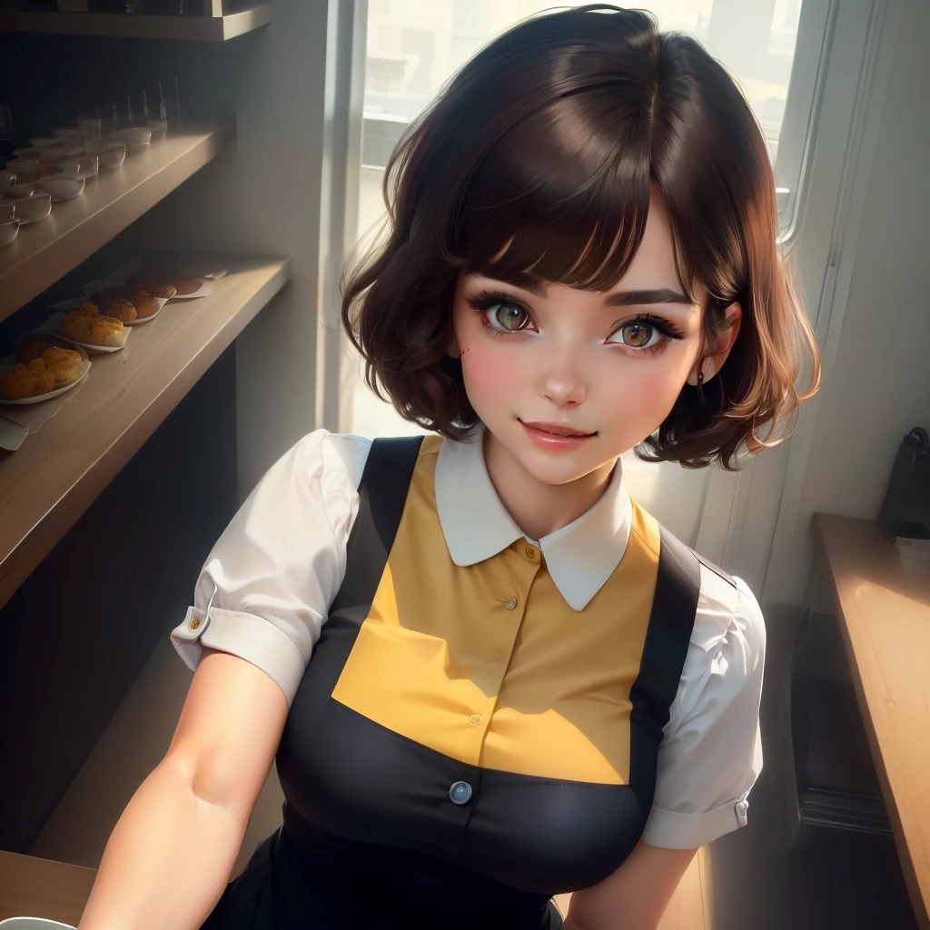 (Top Quality, 8k, Masterpiece: 1.3)), Sharp Focus, 1 Girl, Slim Beauty: 1.2, Brown Hair, With Bangs, (Short Hair with Layer Cut), (Big: 1.5), Detailed Eyes, Beautiful Eyes with Slit Length, Double Eyelids, (Cat Face), (Cute Face), Cute Smile, (Close Mouth), (Cute), Soft Skin, Reflecting the whole body, Ultra Realistic, Ultra Detailed, High Quality, ( A beautiful short-haired waitress who comes to the table to ask for orders), ((Detailed very cute waitress uniform)), ((Big that can be seen even from the top of the uniform)) long shot