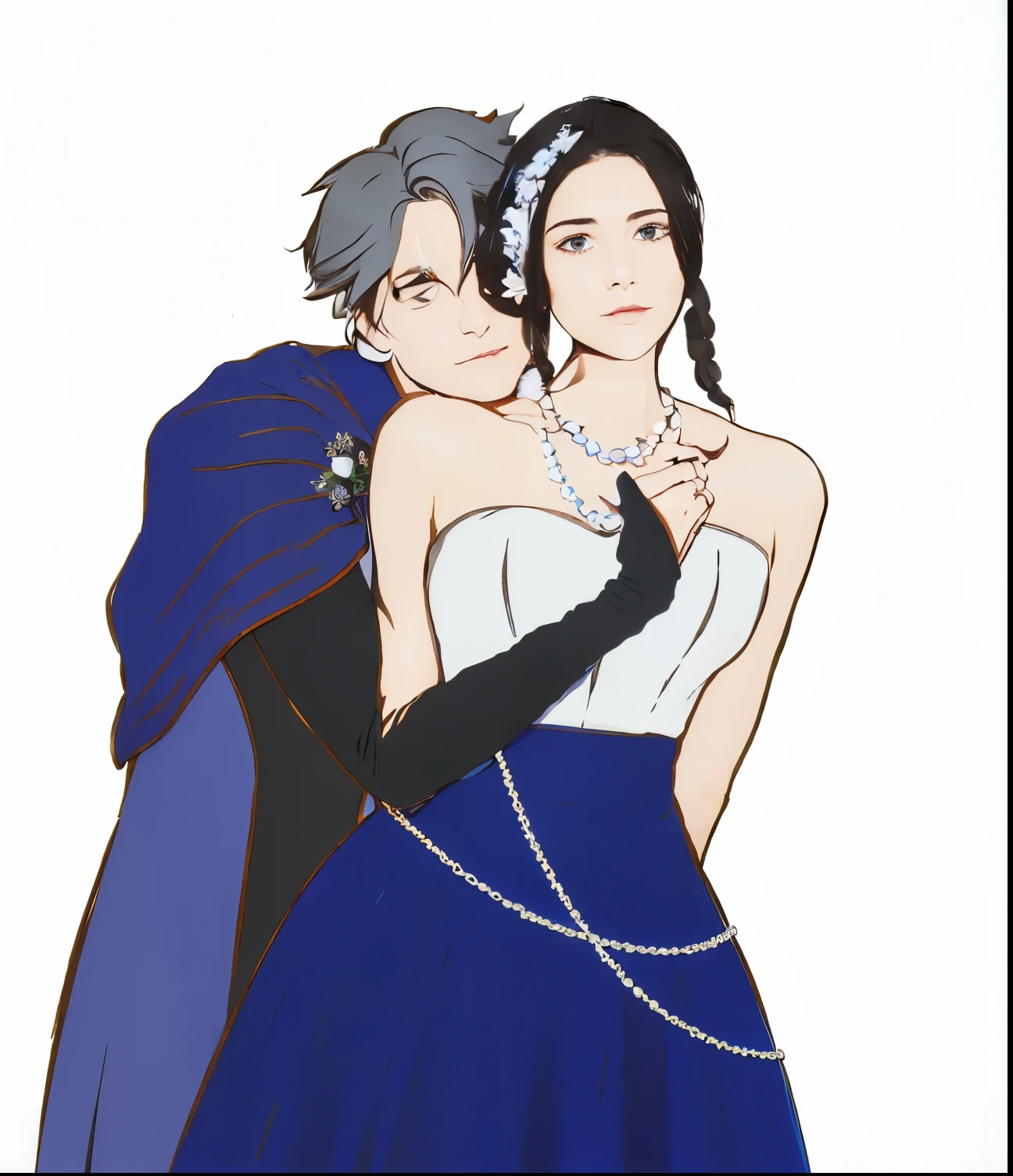 A man with silver hair, blue eyes, wearing royal clothes, was hugging his wife, who was wearing a blue and white dress, wearing a pearl necklace Her hair was black in a bun and there were flowers in her hair, she said it was brown eyes