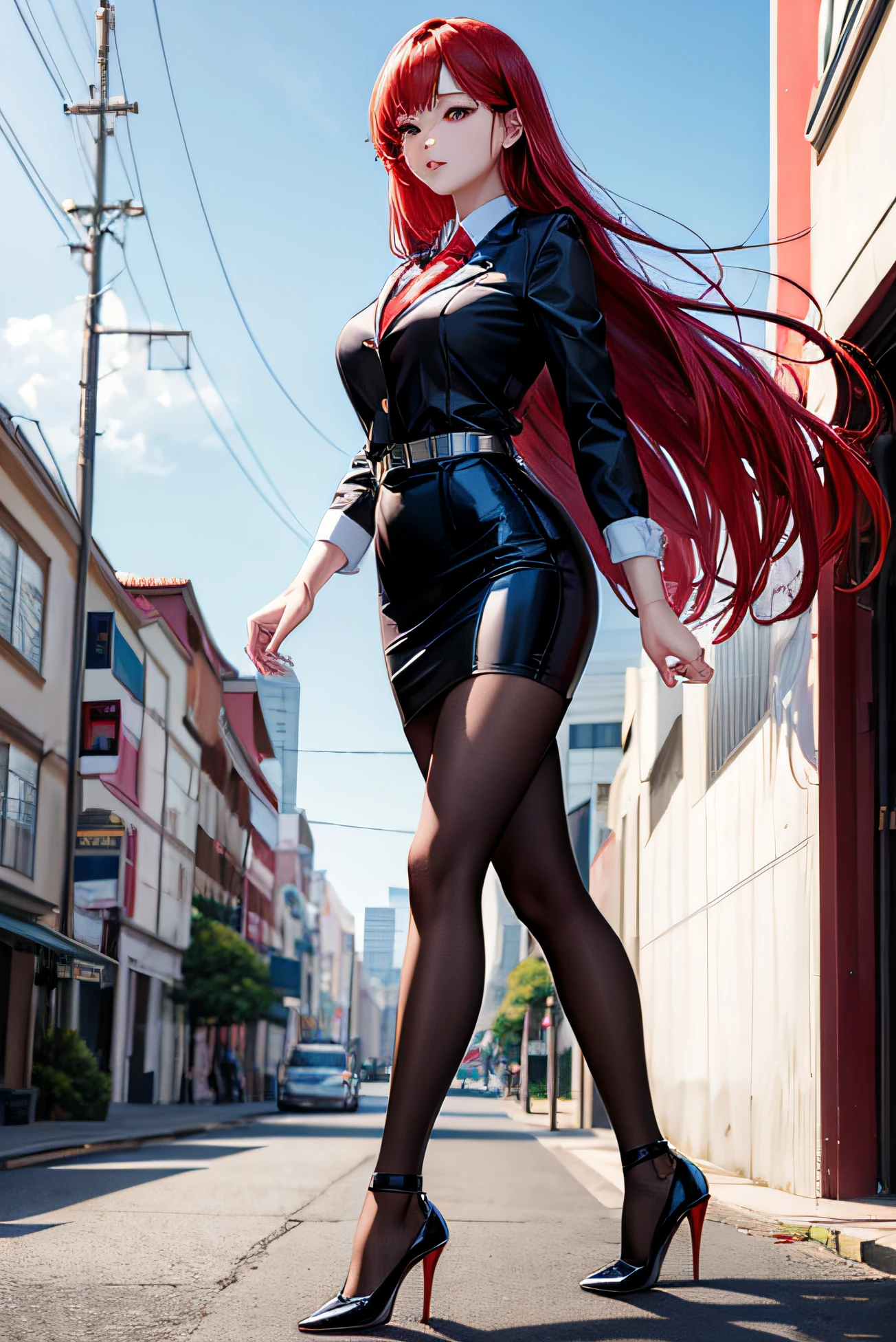 30 year old asian girl, long red hair, white blouse, black pencil skirt, black pantyhose, high heels, open blouse, full body picture