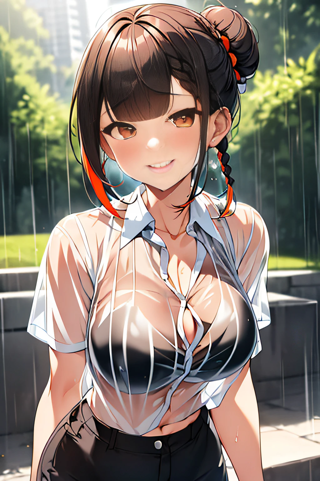 (a park),Rain,Wet body, Sexy wet woman,wet round face,very beautif. Big wet breasts,(I can see through my wet pure white shirt), wet skin wet hair,She wears red bra underwear under her shirt,Cargo pants,close up,(Wet shiny silver and orange striped short hair,Ponytail twisted buns adorned with elaborate braids and beads,Braided Setup Fishbone Hair,),(Bangs are see-through bangs),with round face,An attractive woman with a natural smile and charming expression,Transparent skin,(The 8k quality,masutepiece,top-quality,Ultra-high resolution output image,),(Highly detailed raw photos:1.3),(Image Mode Ultra HD),