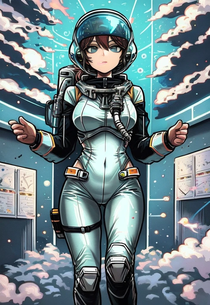 female, Full body astronaut looking at the sky in the middle of a colorful hurricane cartoon, space_bodysuit, hips,