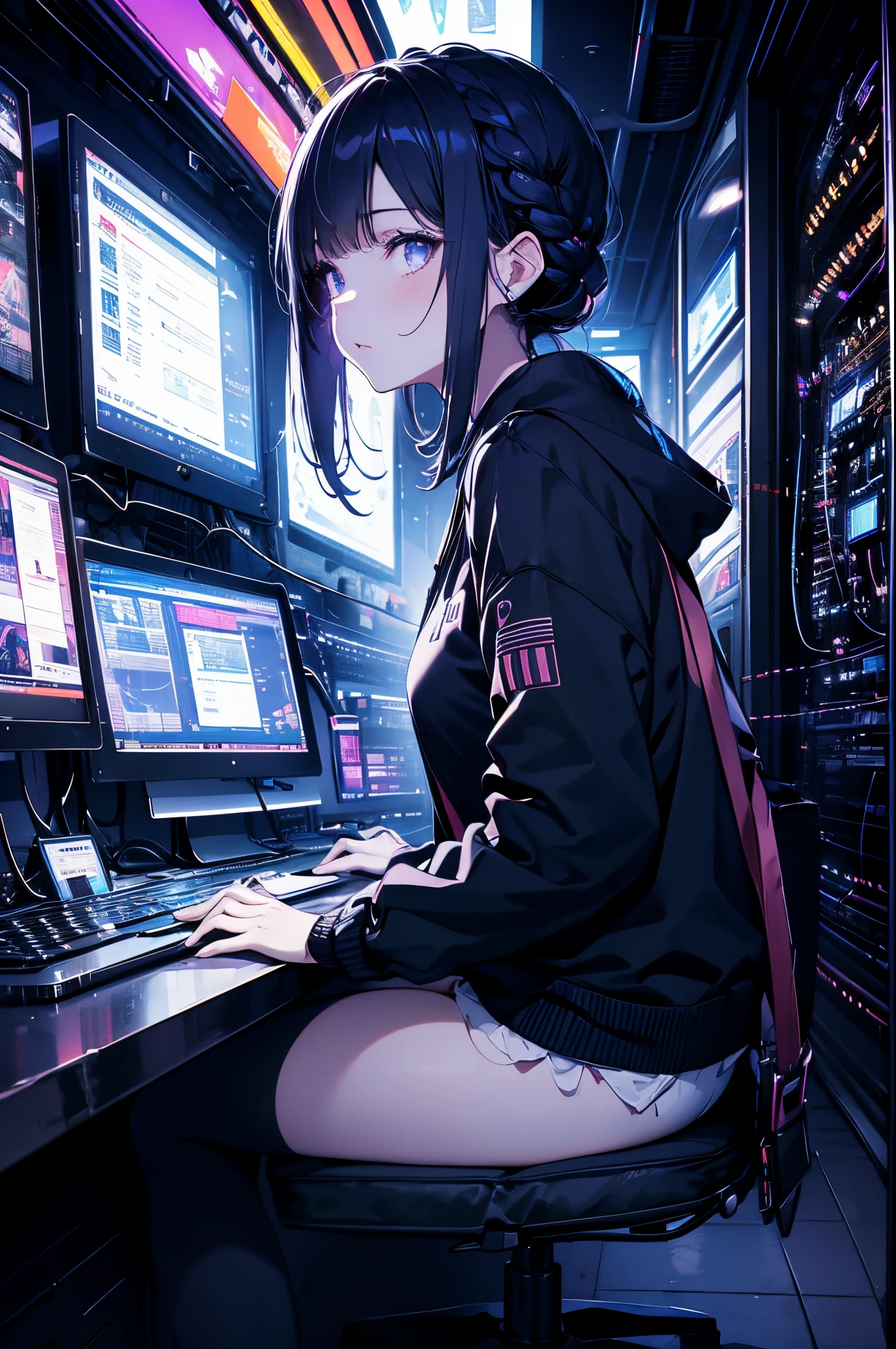 Very young girl, Black mask, White skin, code on computer, hacker style, Curve,sitting on、Seen from the side、deep purples, Dark, Hair braid, Dark blue hair, cables, Retro, Cyberpunk, data center background, dark purple theme, nightcity