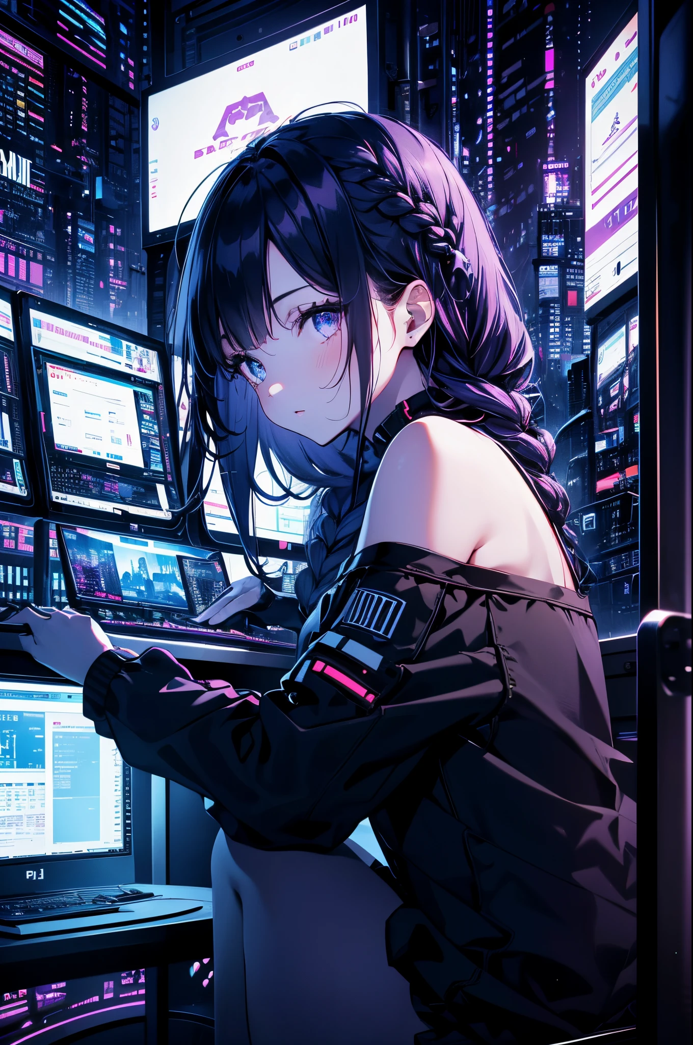 Very young girl, Black mask, White skin, code on computer, hacker style, Curve,sitting on、Seen from the side、deep purples, Dark, Hair braid, Dark blue hair, cables, Retro, Cyberpunk, data center background, dark purple theme, nightcity