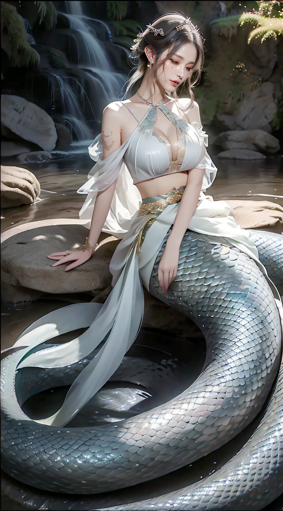 White Snake Ji，((Best Picture Quality, 8K, tmasterpiece:1.3)), maam, hair-bun，hair pin，Slim abs:1.3, (Classic hairstyle, leaking big breasts:1.2), faeries，Delicate white snake scales:1.3, （mermaids：1.2），（Slender S-shaped white snake tail：1.3），Ultra-fine face, A detailed eye, 二重まぶた，Meticulous hands，Hand strengthening，Cold，Elegant，（Transparent white tulle skirt:1.2），Many white tulle streamers，They want，Letter tattoos，ancient wind，8K