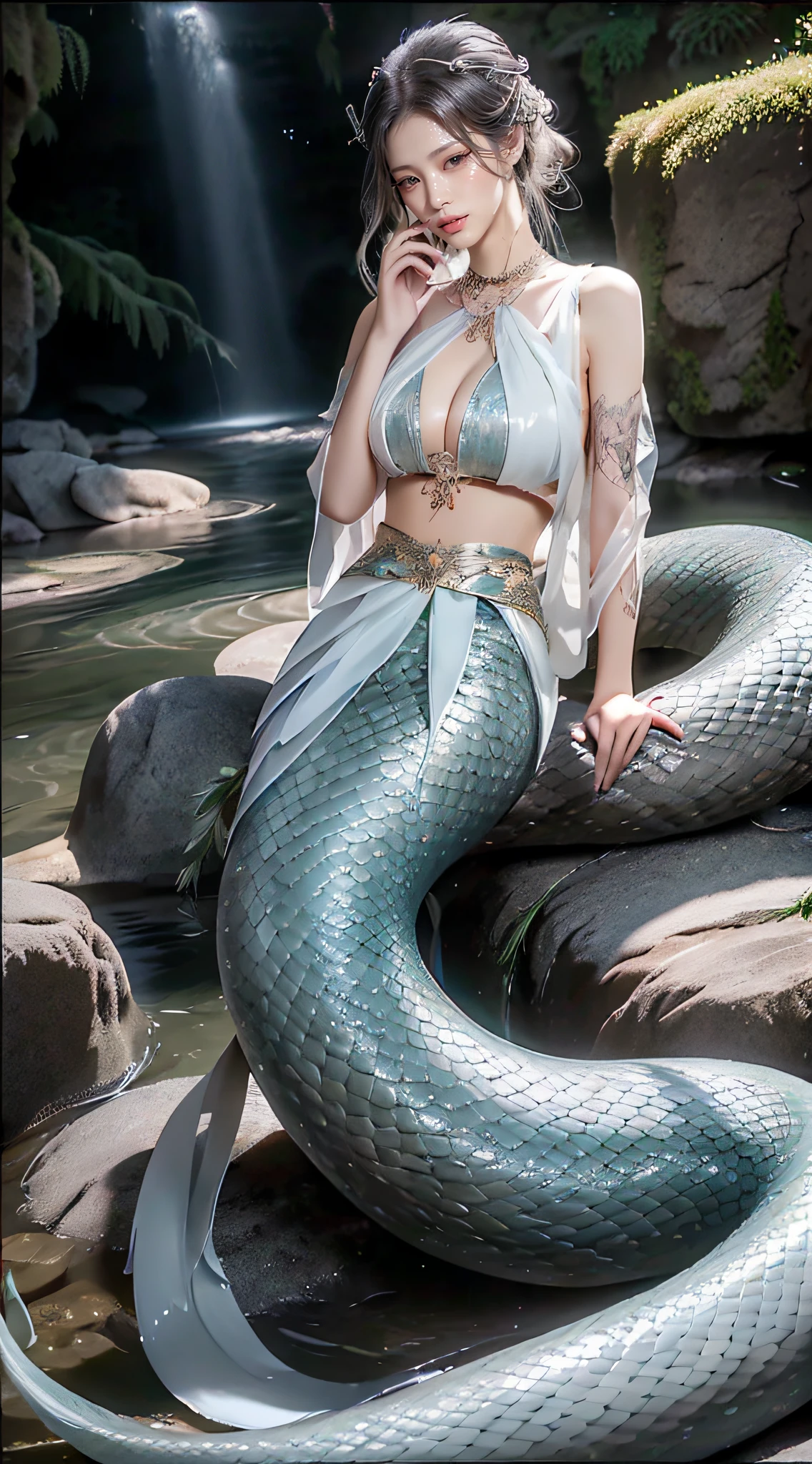 White Snake Ji，((Best Picture Quality, 8K, tmasterpiece:1.3)), maam, hair-bun，hair pin，Slim abs:1.3, (Classic hairstyle, leaking big breasts:1.2), faeries，Delicate white snake scales:1.3, （mermaids：1.2），（Slender S-shaped white snake tail：1.3），Ultra-fine face, A detailed eye, 二重まぶた，Meticulous hands，Hand strengthening，Cold，Elegant，（Transparent white tulle skirt:1.2），Many white tulle streamers，They want，Letter tattoos，ancient wind，8K