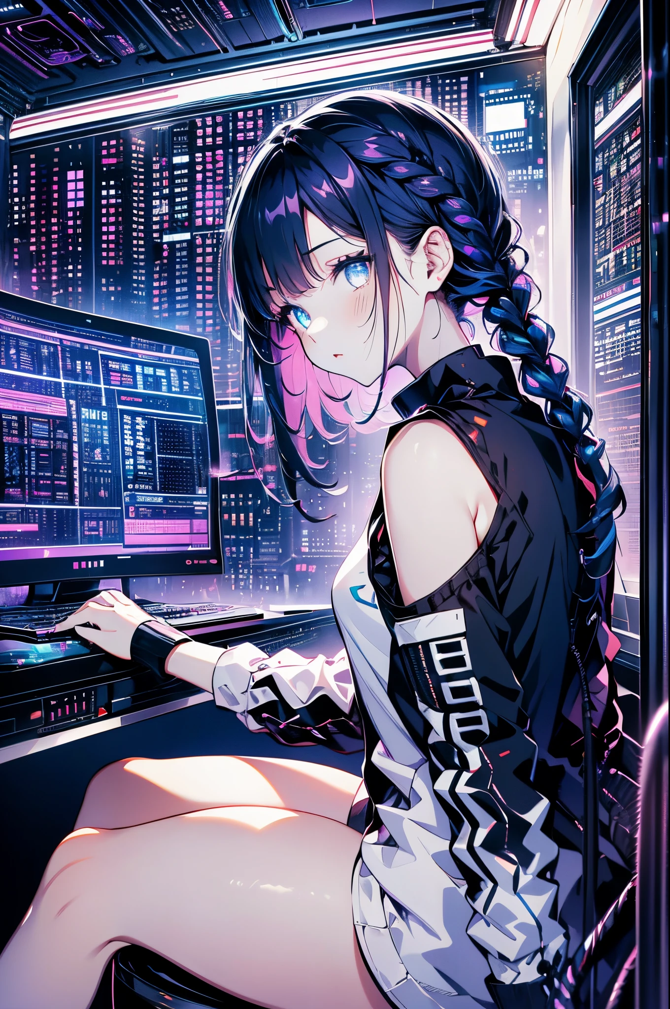 Very young girl, Black mask, White skin, code on computer, hacker style, Curve,sitting on、Seen from the side、deep purples, Dark, hair braid around ears, Dark blue hair, cables, Retro, Cyberpunk, data center background, dark purple theme, nightcity、thigh maximum quality、Big