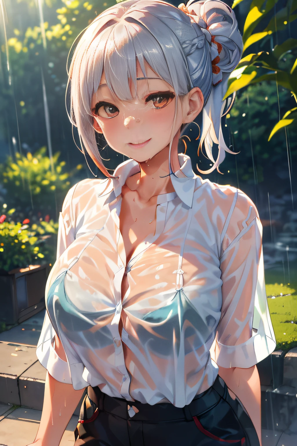 (a park),Rain,Wet body, Sexy wet woman,wet round face,very beautif. Big wet breasts,(I can see through my wet pure white shirt), wet skin wet hair,She wears red bra underwear under her shirt,Cargo pants,close up,(Wet shiny silver and orange striped short hair,Ponytail twisted buns adorned with elaborate braids and beads,Braided Setup Fishbone Hair,),(Bangs are see-through bangs),with round face,An attractive woman with a natural smile and charming expression,Transparent skin,(The 8k quality,masutepiece,top-quality,Ultra-high resolution output image,),(Highly detailed raw photos:1.3),(Image Mode Ultra HD),