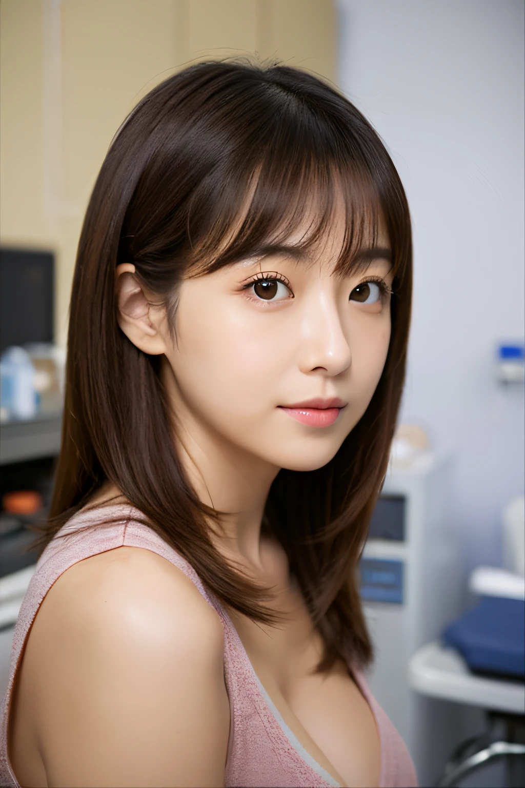 crossed legs,Large breasts,Cute face,Beautiful face,Cool Face,Medium Hair,Hospital,Mysterious,masutepiece, extremely fine and beautiful,Photorealistic,Japanese,Female doctor、