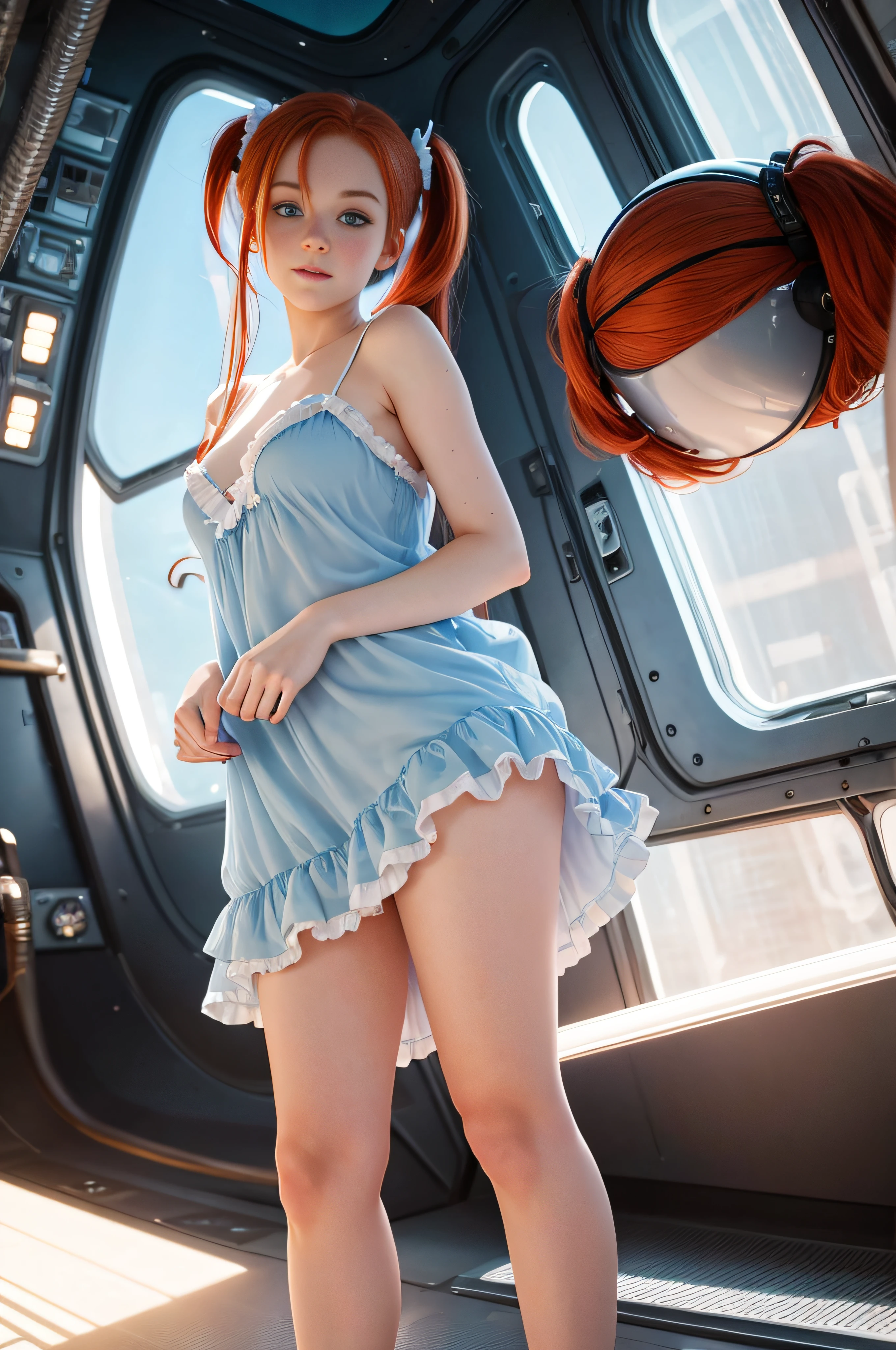 cute redhead 18-year-old woman, happy, in twin tails, perfect blue eyes, pale goth skin, silky smooth skin, cute panties, wearing a pastel blue (sheer) nightgown, frilly nightgown, standing on a space ship.