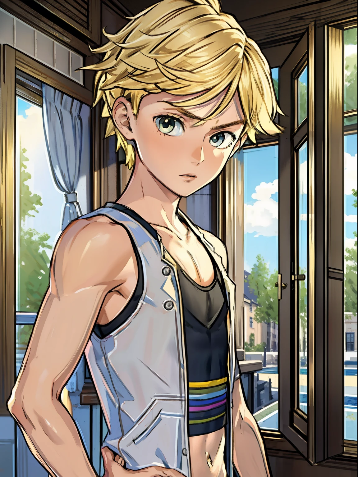 Highres, Masterpiece, Best quality at best,Best Quality,hight quality, hight detailed, boy, 1boy, blonde, tank top,