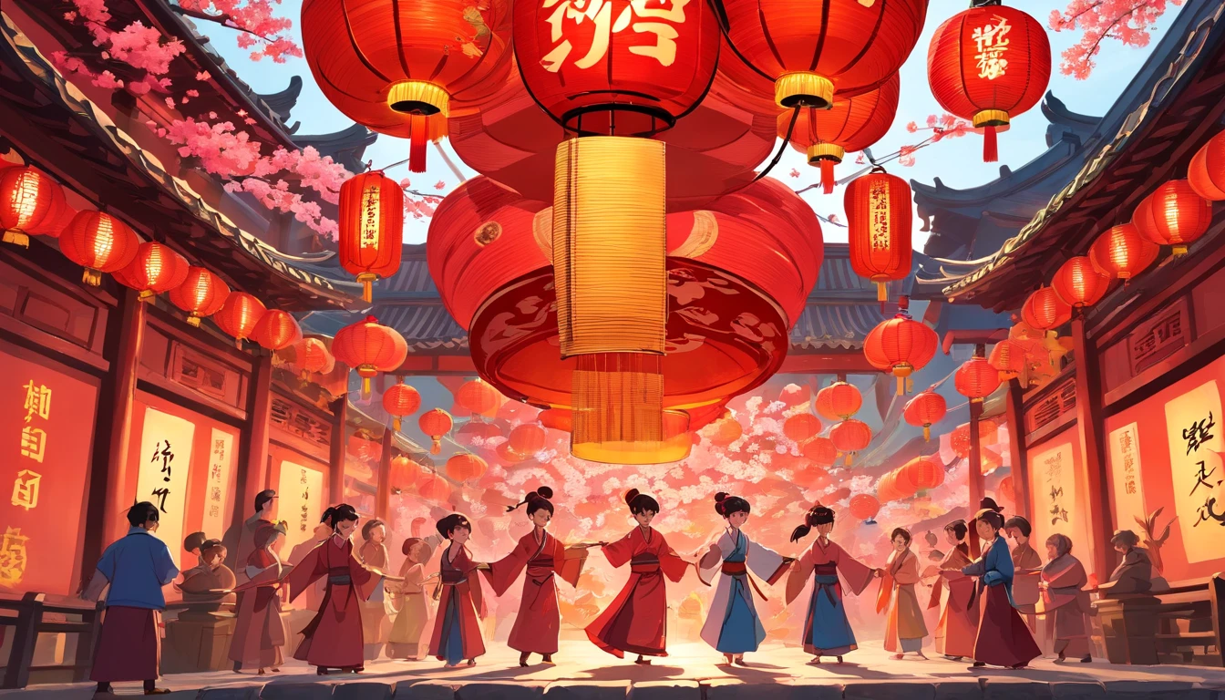Red lanterns、Intricate paper cutting art、Vibrant dragon dance、Ornate Chinese calligraphy、traditional fancy dress、Lucky red envelope、symbolic cherry blossoms、majestic dragon boat、Lively lion dance、decorative chinese knot、Delicious dumplings、holiday fireworks、Zodiac motifs、Happy family reunion、Cultural Heritage Celebration,traditional temple fair,bustling market scene,Symbol of prosperity and unity,Intricate lantern riddles,Gorgeous paper cutting art,A sumptuous holiday feast,harmonious dragon and phoenix pattern,Traditional music and dance performances,Brilliant red and gold color palette,Blessings and good luck,Gorgeous Lantern Festival decoration,Cultural celebrations,Chinese traditional New Year music,dance