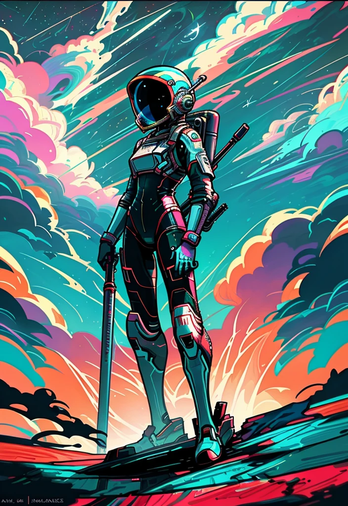 hembra, Full length astronaut looking at the sky in the middle of a colorful hurricane cartoon, Espacio_bodysuit, Caderas,