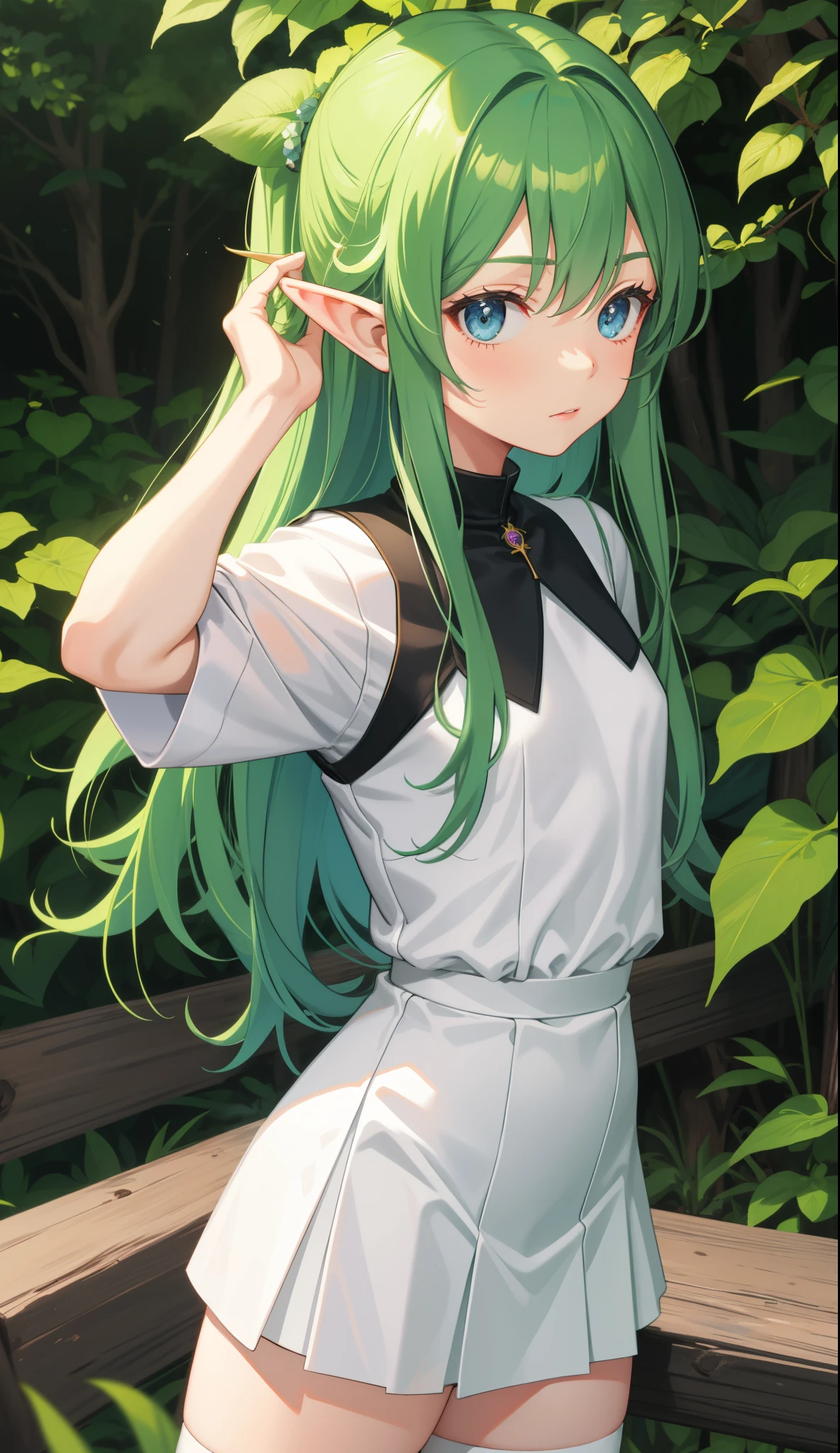 1girl in、AS-Adult、Cute Elf、Forester、a miniskirt、(small tits)、Upper body portrait、
