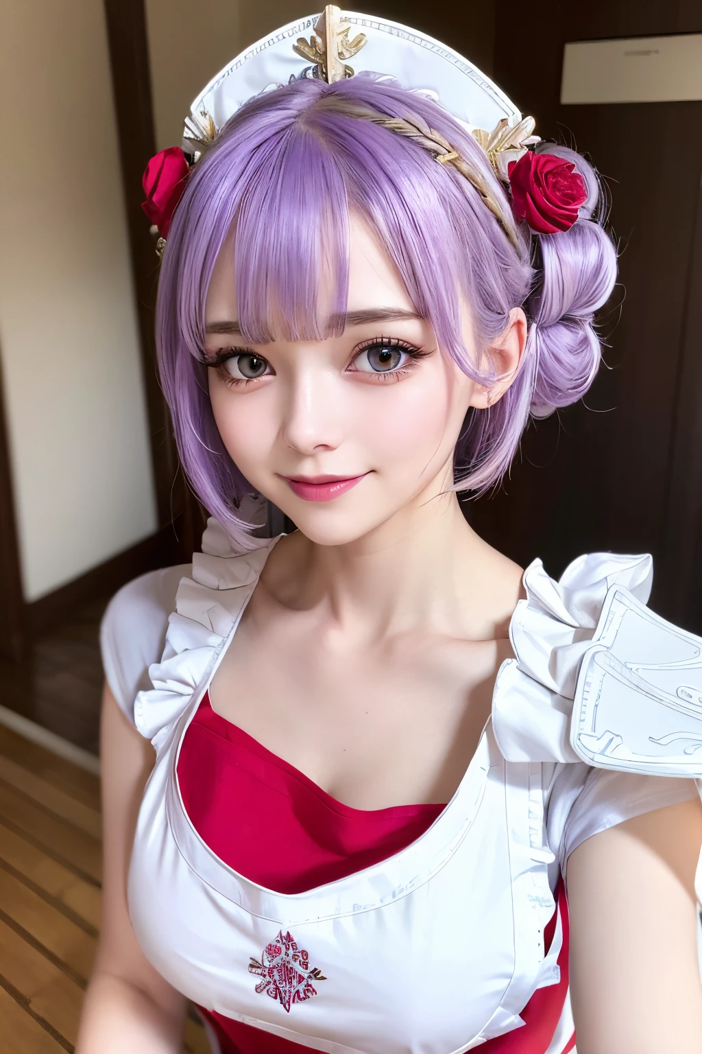 ((best quality, 8K, masterpiece)), ultra detailed, sharp focus, 1 cute girl, ((red polar apron:1.4)), (light purple hairr, updo:1.4), (blouse: .4), highly detailed face and skin texture, ((detailed eyes)), ((beautiful eyes:1.4)), (smile:1.15), (closed mouth), genshinnoelle, noelle, braid, flower, hair flower, hair ornament, short hair, silver hair, wears a open white and gold armor