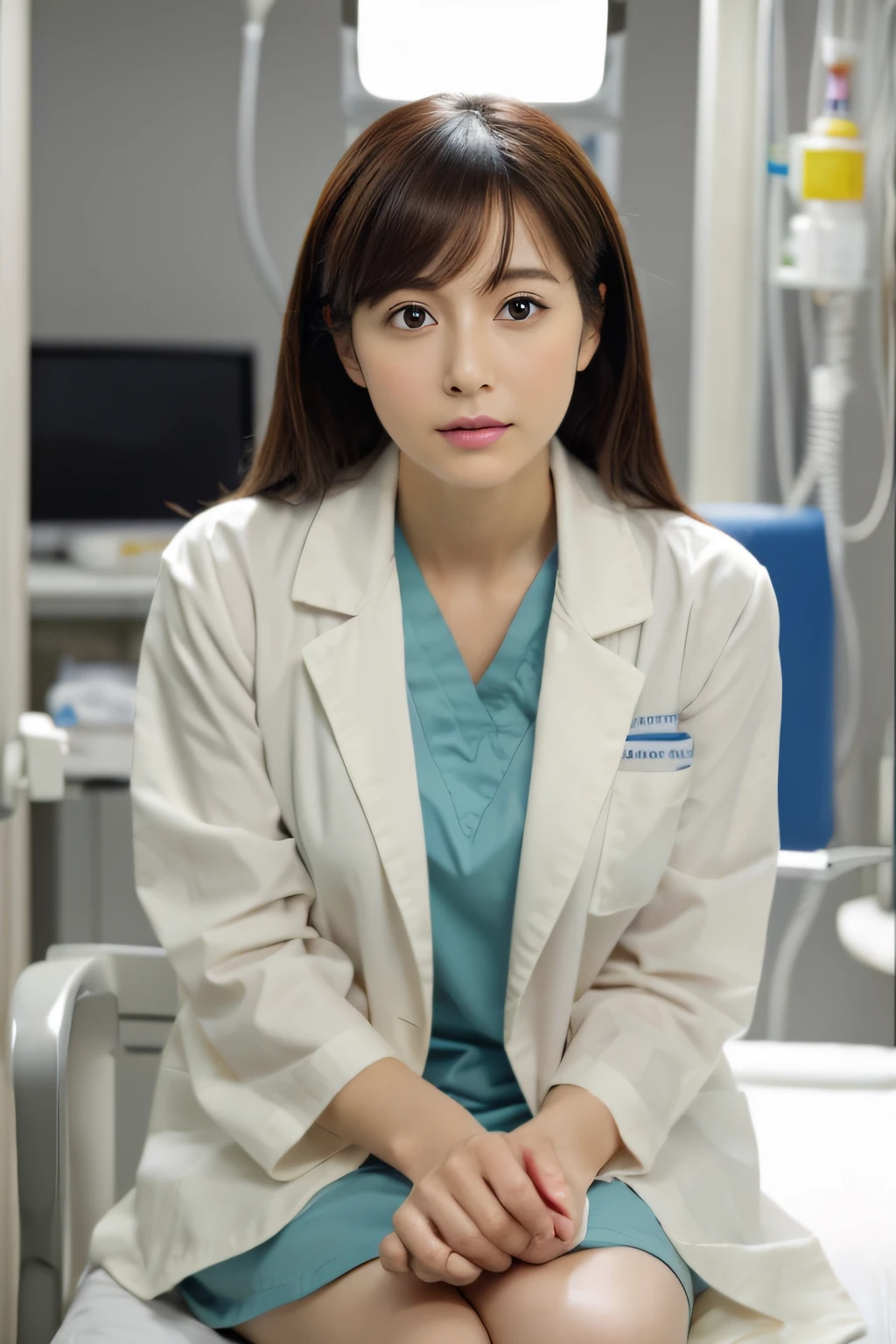 crossed legs,Large breasts,Cute face,Beautiful face,Cool Face,Medium Hair,Hospital,Mysterious,masutepiece, extremely fine and beautiful,Photorealistic,Japanese,Female doctor、Manteau blanc、Psychosomatic physician、