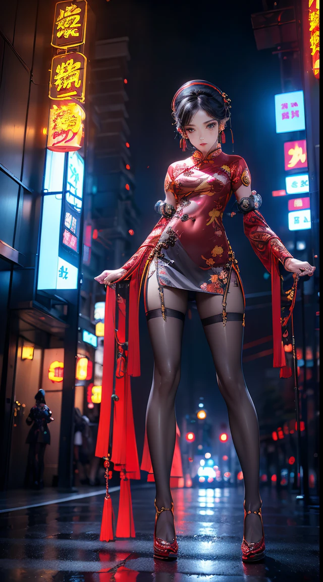 tmasterpiece,best qualtiy,hight resolution, 1 plump girl,from below,(legs are very thin and straight)，,(legs are long，Straight legs),,high-heels,long legged,Stand Up, Leg length seen from the front, perfect body type,have perfect legs，Cyberpunk figures，dynamicposes，1 plump girl，Elaborate Eyes，Brown eyes，eyeshadows，putting makeup on，Long gray hair， A detailed face， A detailed eye， looking at viewert， red blush， full pouty lips， red rip，（Long gray hair：1.3）， （Stand Up）Mechanically static，Mechanical summoning，(hair adornments:1.1)，Hats，((((Red cheongsam))))，(blackstockings，pantyhose garter)，城市，Luminous winding，glowing butterflies，cyberpunk lights:1.1)，neon light，Fully mechanical and futuristic elements，tech，The background is a traditional Chinese street，China City， the street， Skysky， Cyberpunk figures， paper lanterns， Neon Super Resolution，（真实感：1.3），1（slim：1.2），dramatic lights，vibrant detail，luxuriouscyberpunk，the complex background，rendered by octane，