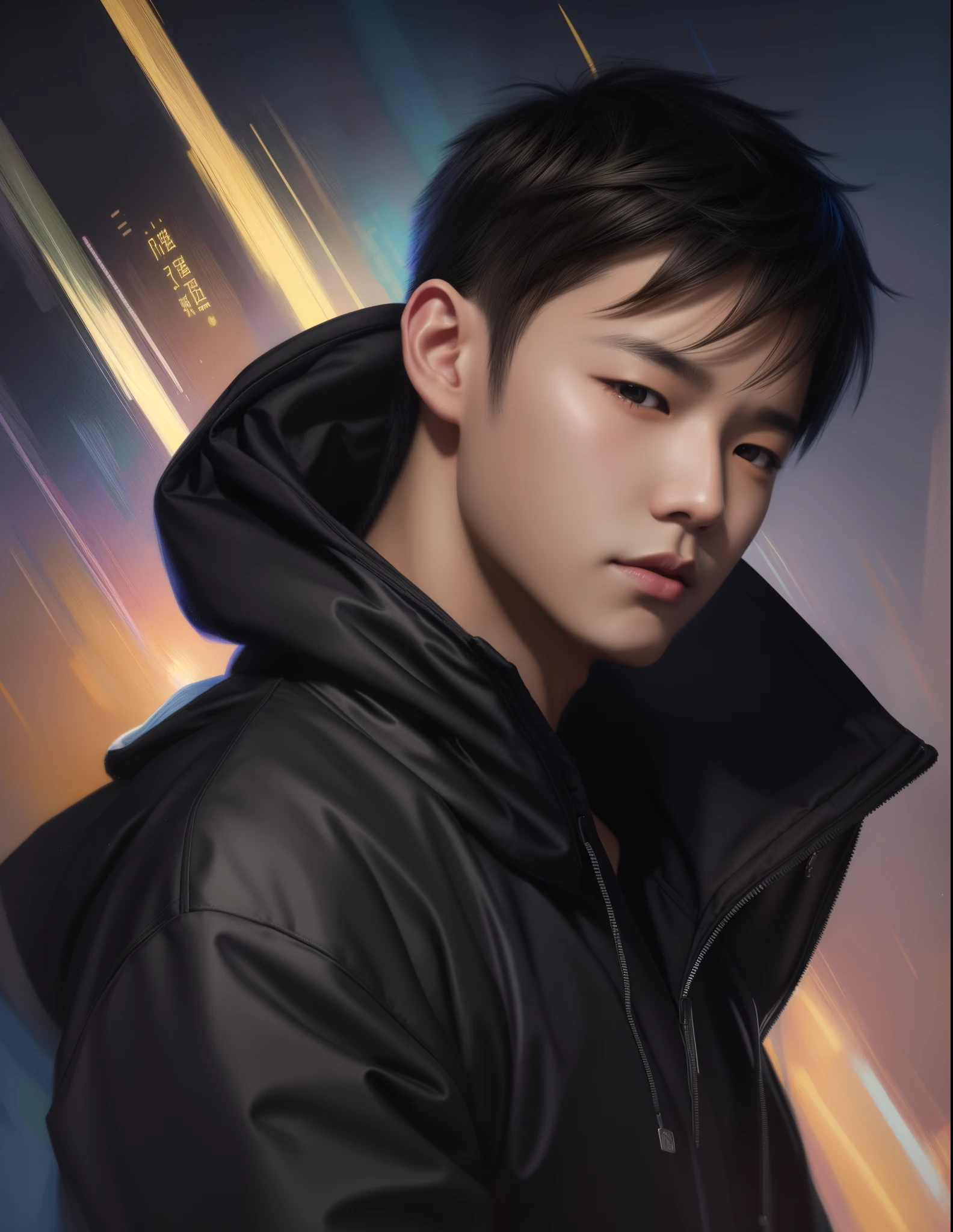 a painting of a man with a hoodie on looking at the camera, ross tran style, inspired by Yanjun Cheng, ross tran 8 k, ross tran and bayard wu, rossdraws portrait, ross tran!!!, inspired by Ross Tran, rossdraws 1. 0, in the style of ross tran, rossdraws 2. 0, rossdraws digital painting 8k